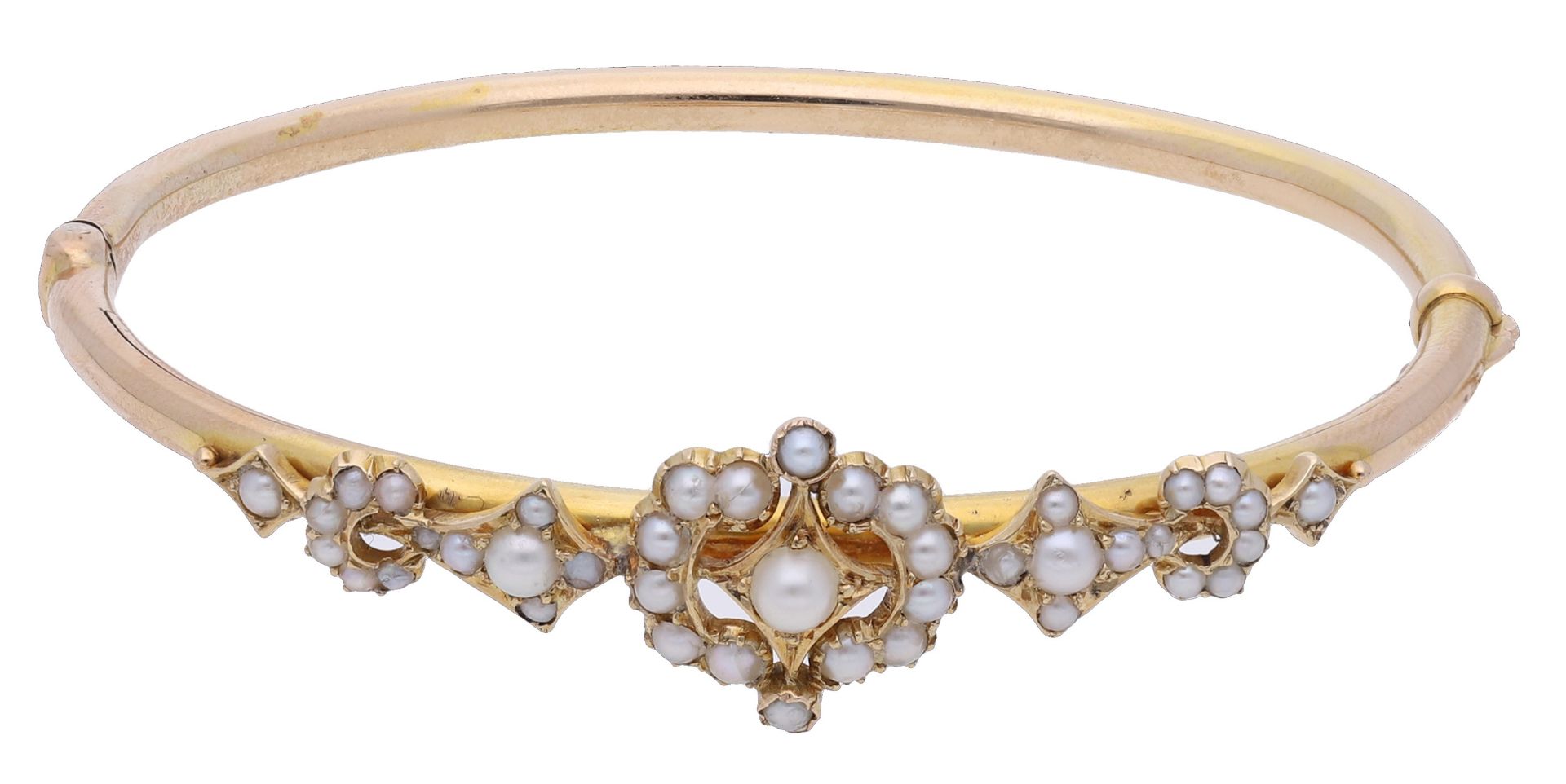 A gold and pearl bangle, circa 1900, the hinged bangle set to the front with openwork seed p... - Image 2 of 4