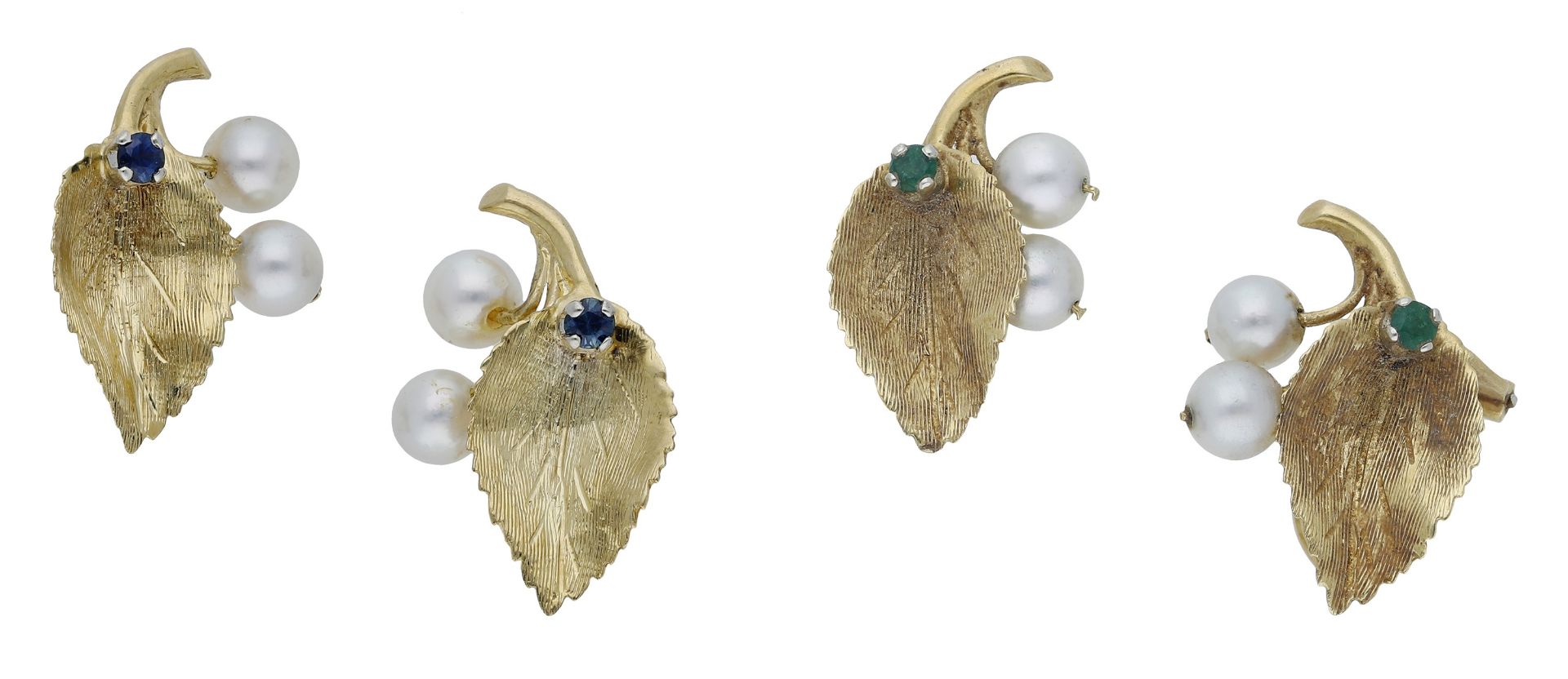 Two pairs of gem-set earrings, circa 1968, each designed as a textured 18ct gold leaf with c...