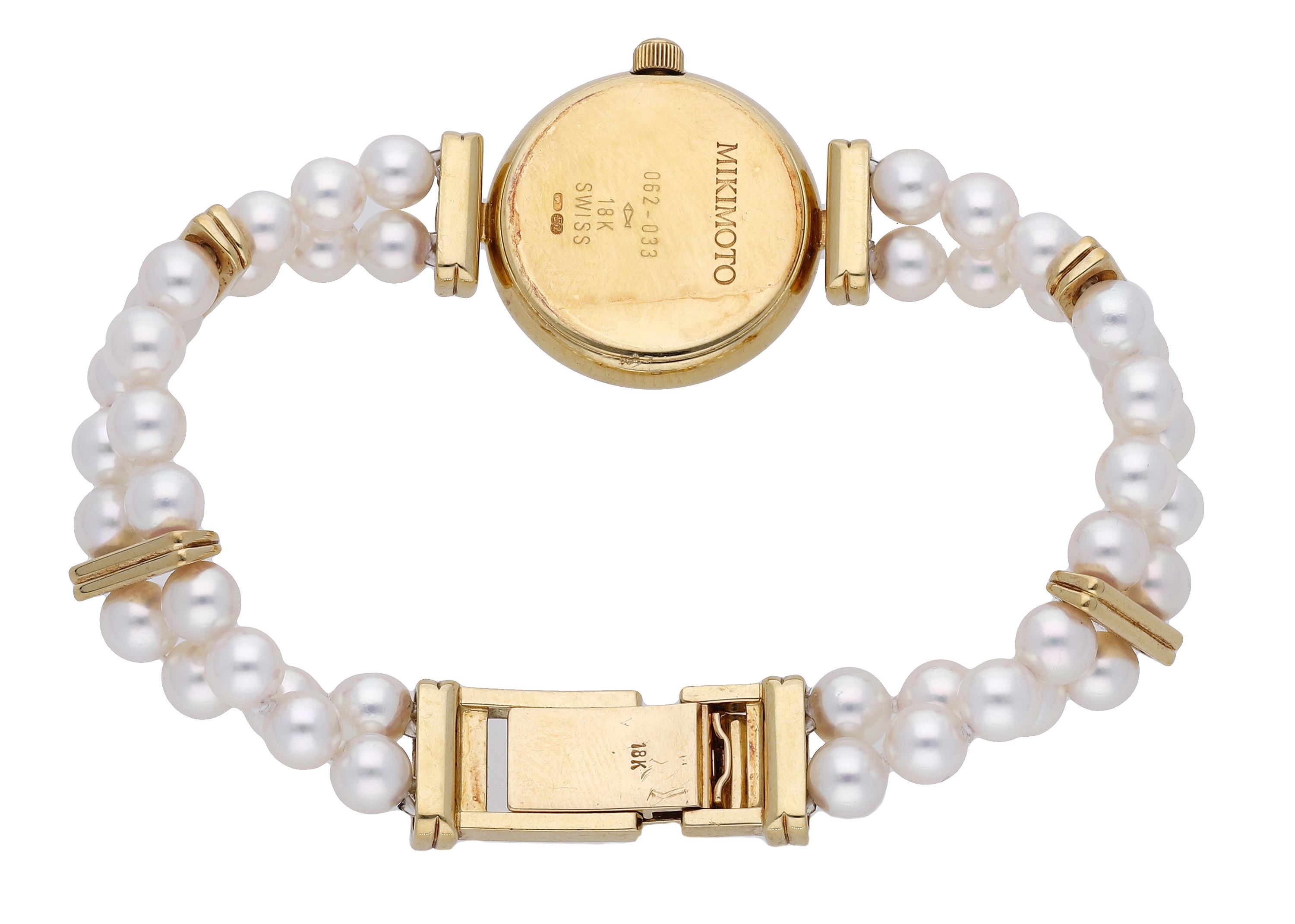 Mikimoto. A lady's gold and cultured pearl bracelet watch, circa 2000. Movement: quartz, 12... - Image 2 of 3