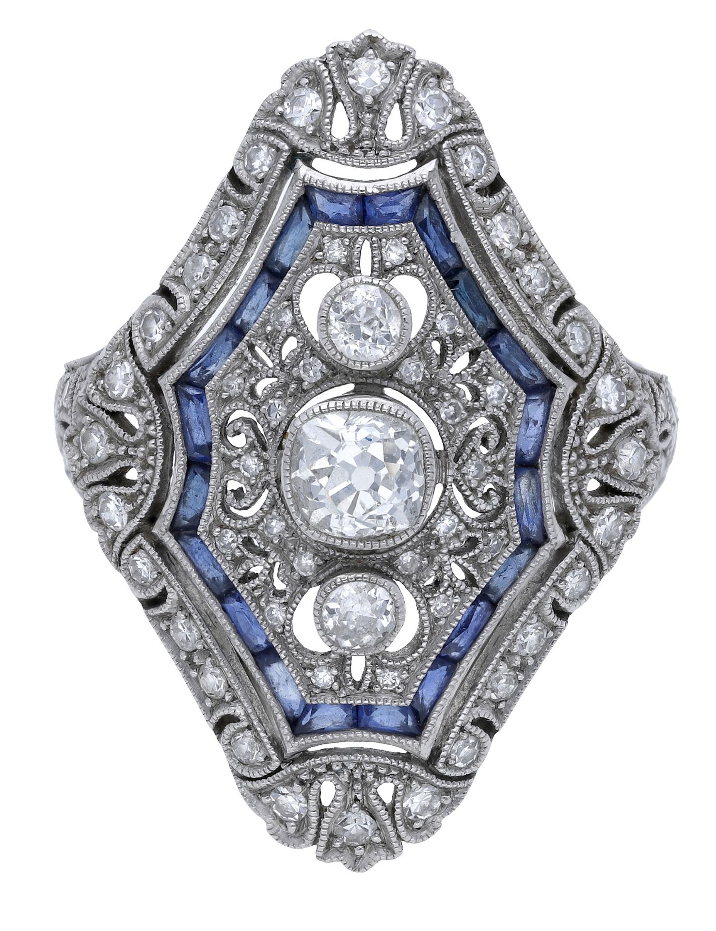 A sapphire and diamond dress ring, the finely pierced plaque set with old brilliant and sing... - Image 2 of 4