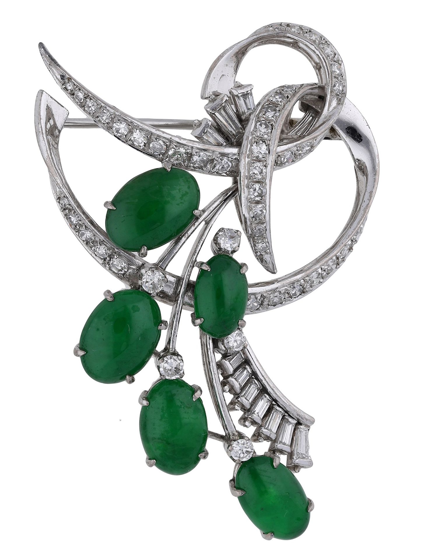 A jade and diamond spray brooch by Chow Tai Fook, the stylised spray set with vari-cut diamo...