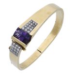 An amethyst and diamond bangle, the abstract cuff with a cushion-shaped profile, set with a...