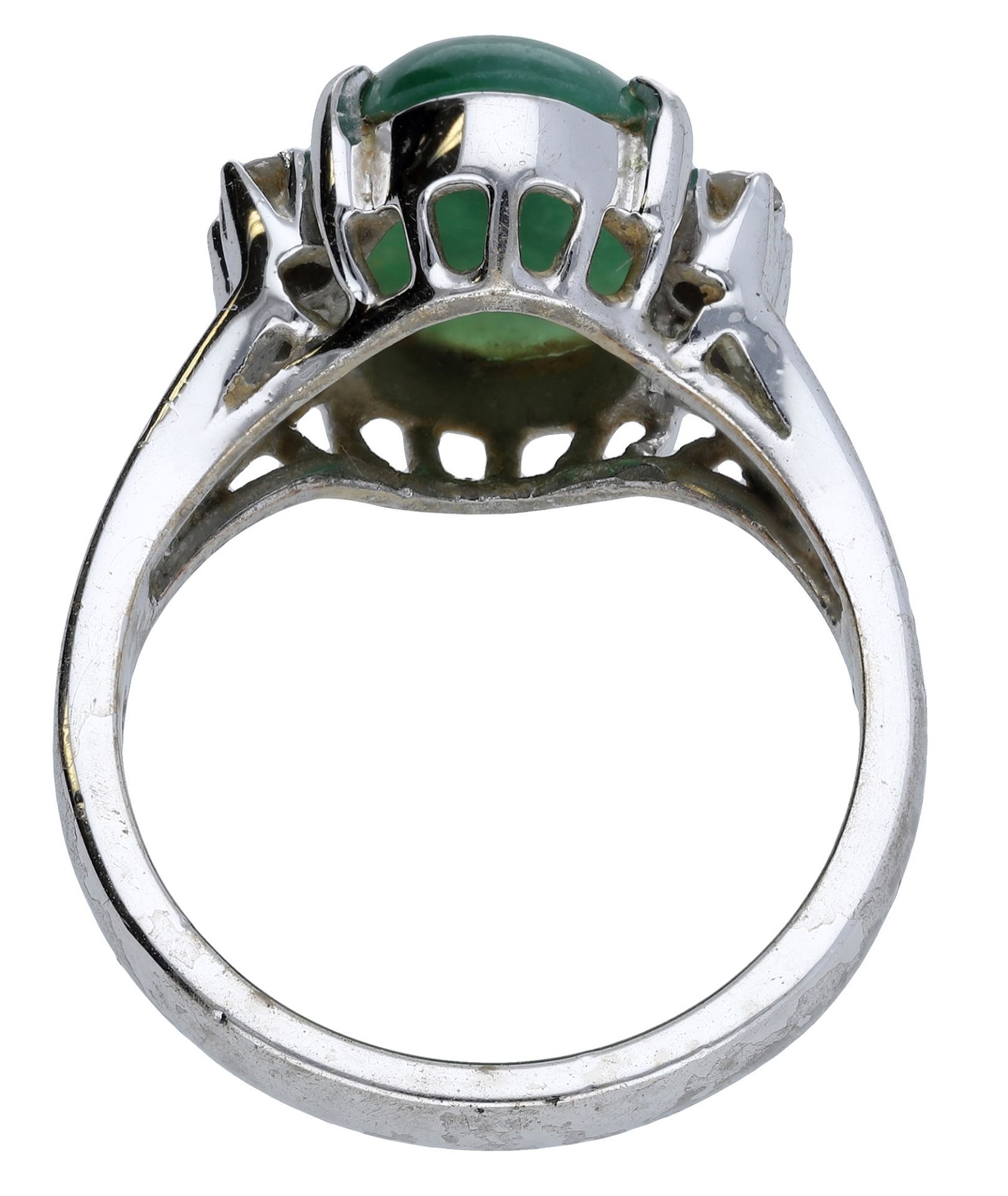 A jade and diamond ring, the oval jade cabochon with a trio of brilliant-cut diamonds to eit... - Image 2 of 3