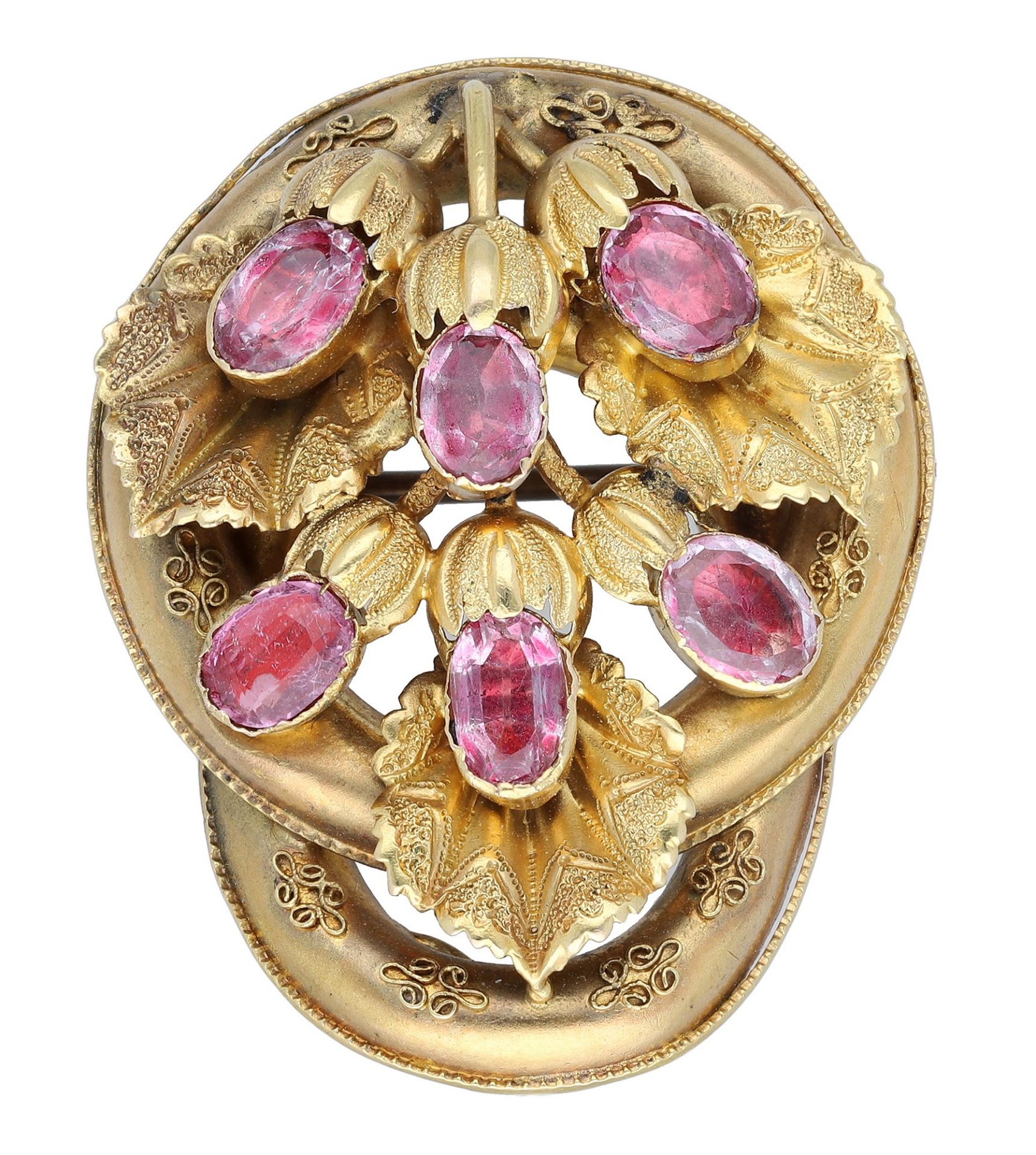 A mid 19th century gem-set brooch, the gold knot with bead and wirework decoration, applied... - Image 2 of 3