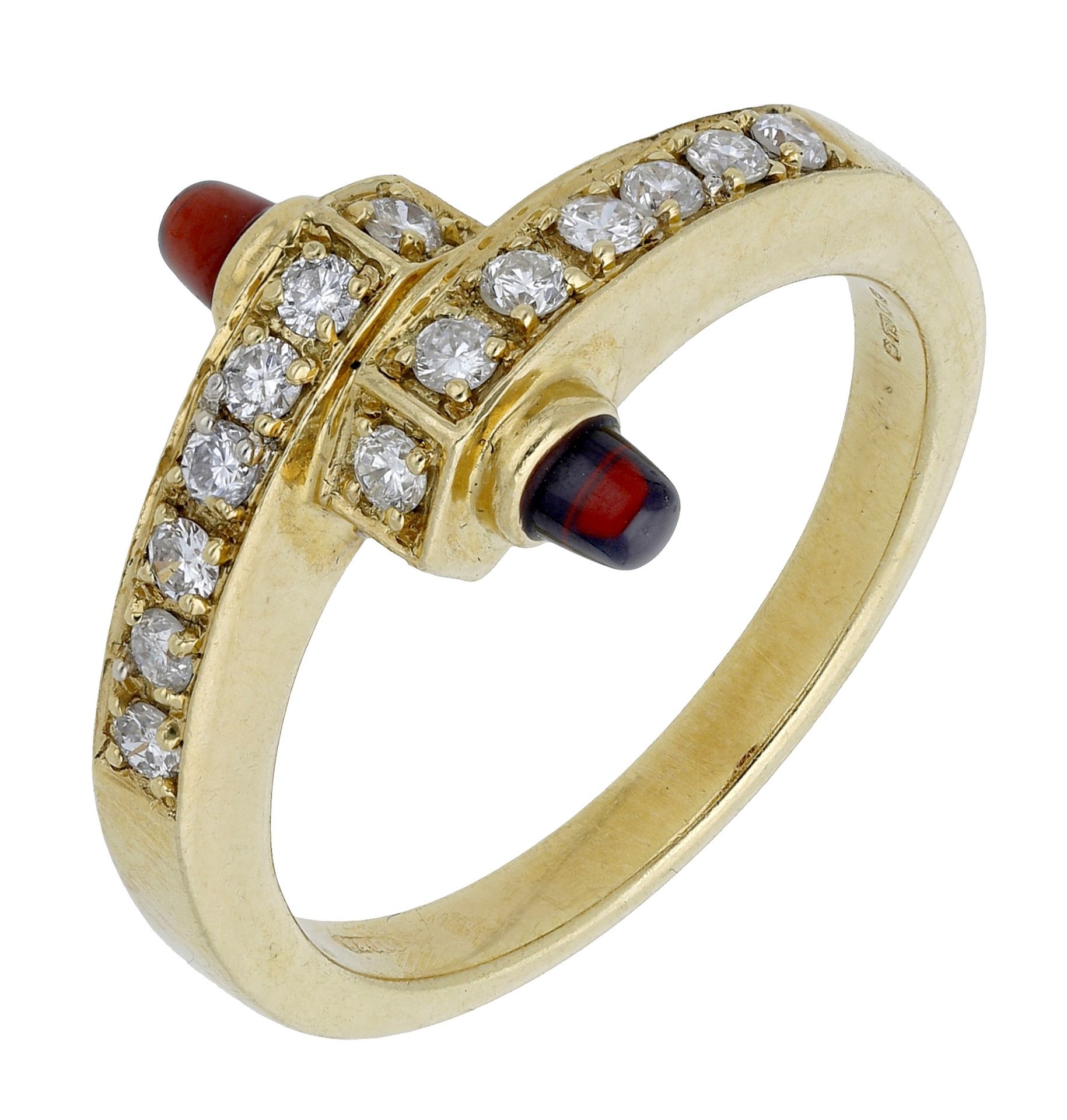 An 18ct gold diamond and garnet crossover ring, set with a series of brilliant-cut diamonds...