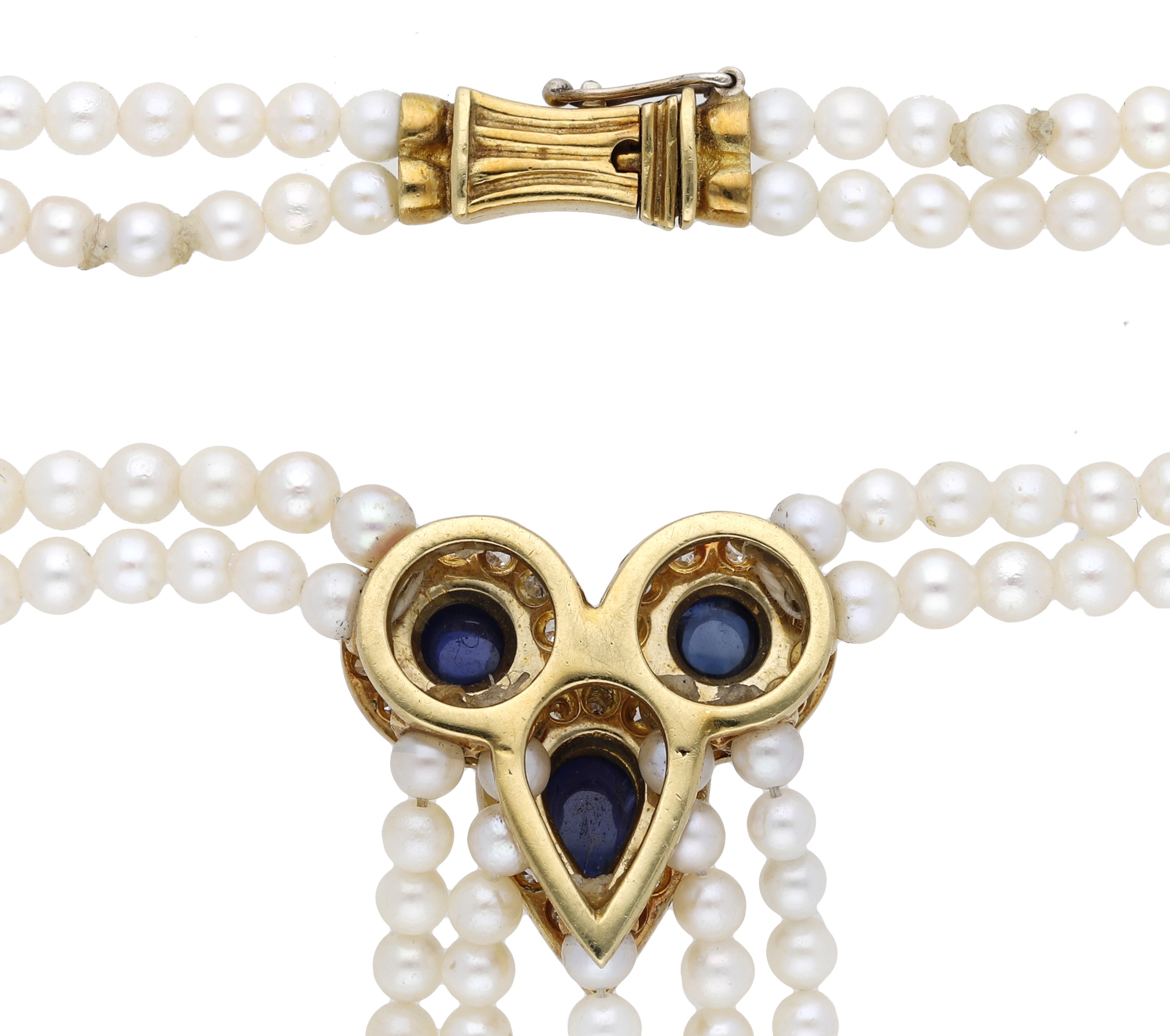 A sapphire, diamond and cultured pearl tassel necklace, the two rows of cultured pearls lead... - Image 2 of 3