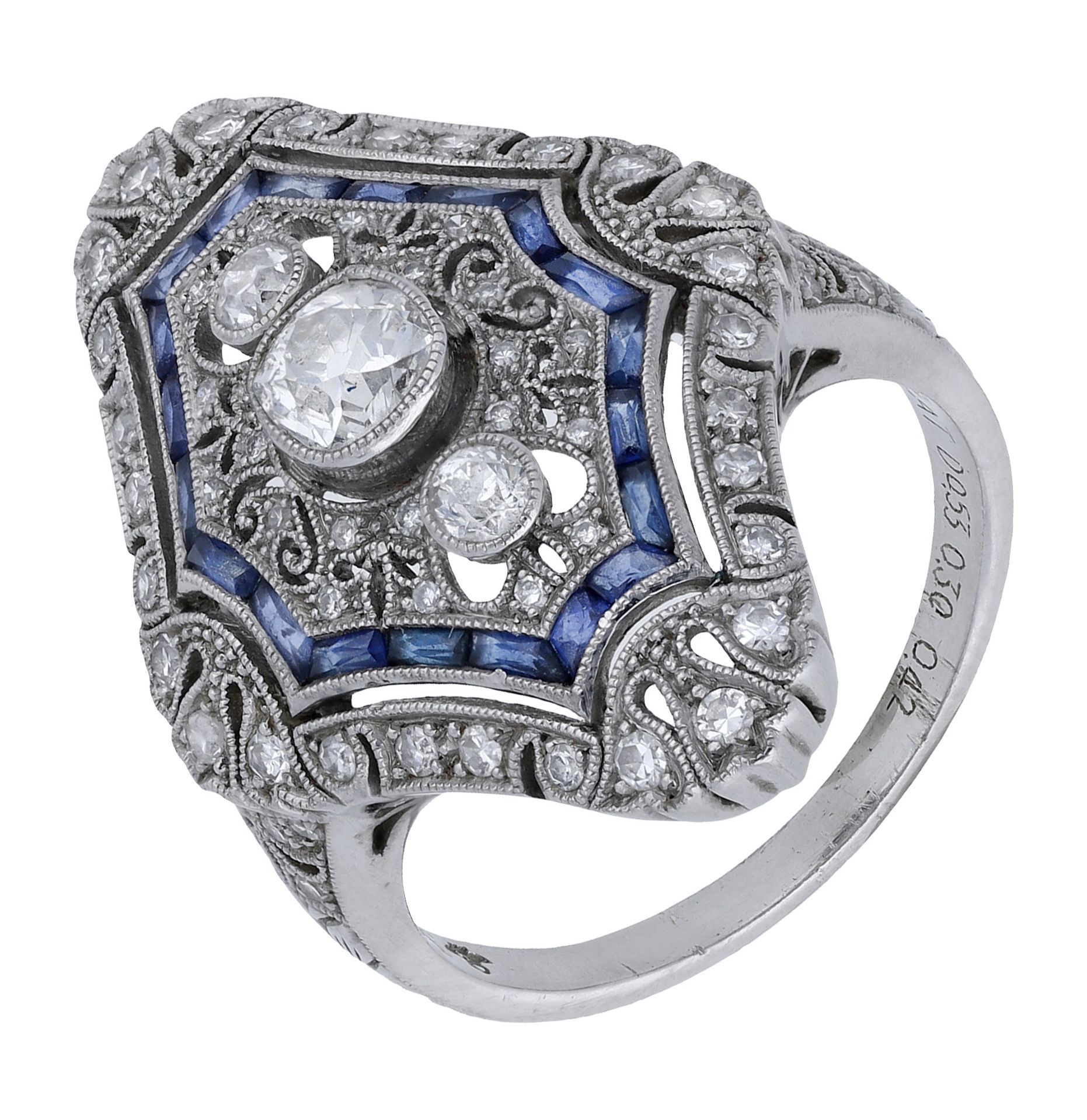 A sapphire and diamond dress ring, the finely pierced plaque set with old brilliant and sing...