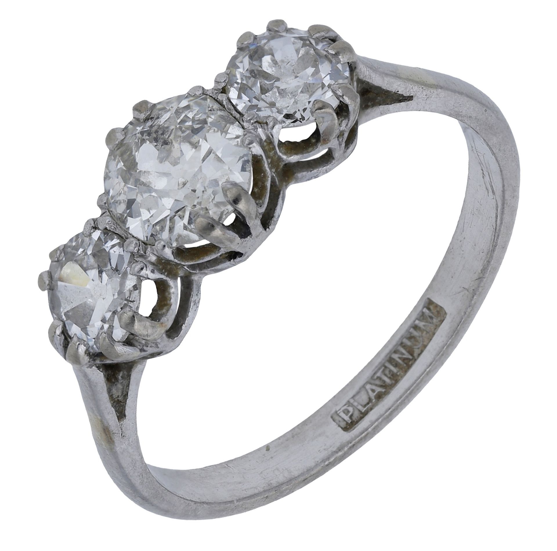 A diamond three stone ring, set with a graduated row of old brilliant-cut diamonds, stamped...