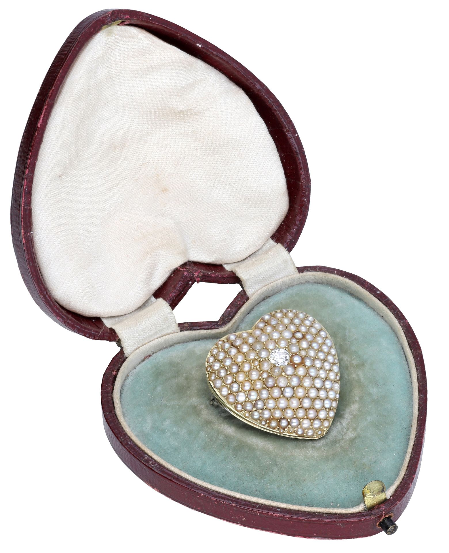 A diamond and seed pearl heart brooch / pendant, set with an old brilliant-cut diamond in a...