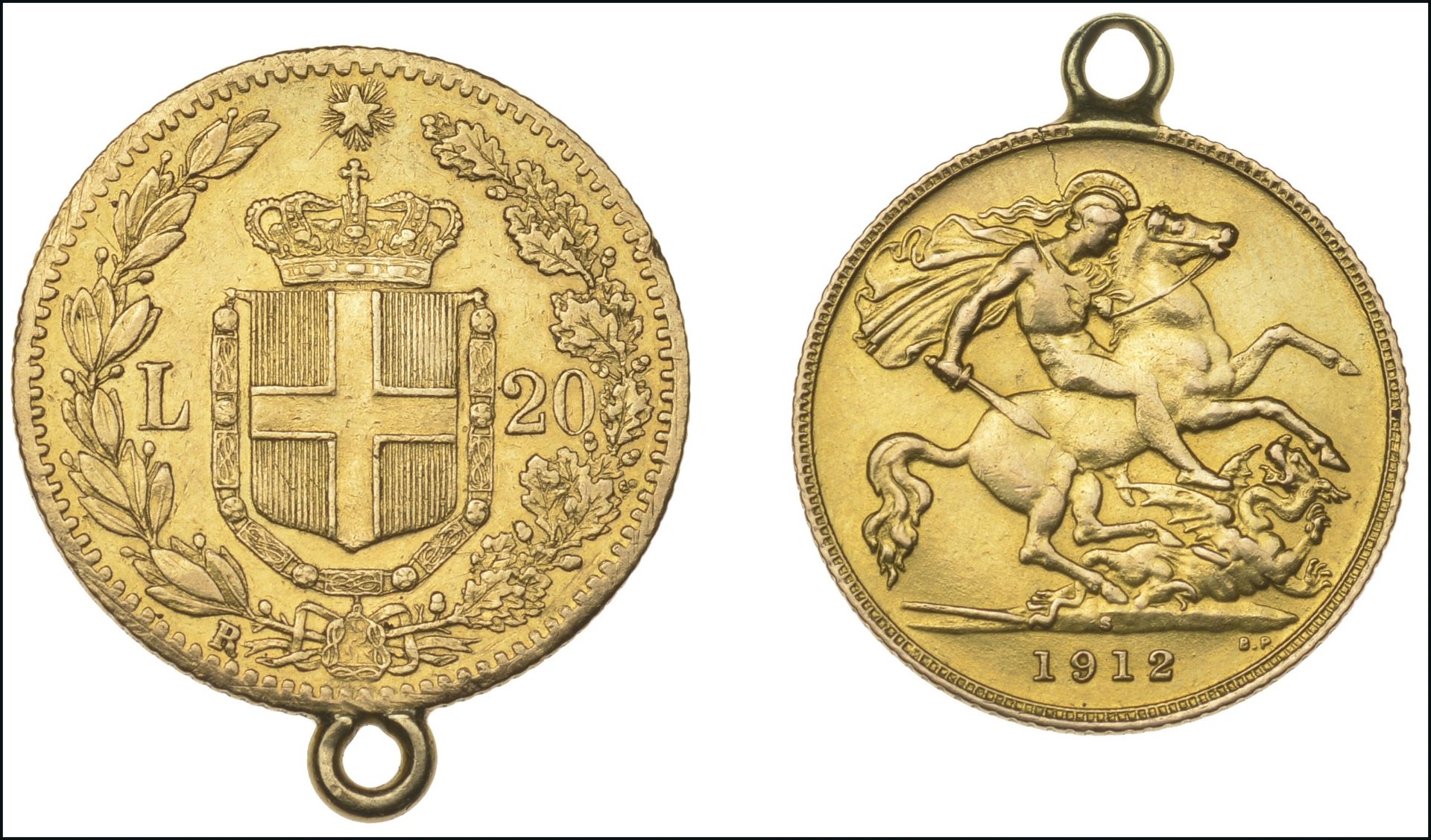 Two gold coin pendants, comprising an Italian Umberto I 20 lire, 1882, and a George V half s... - Image 2 of 2