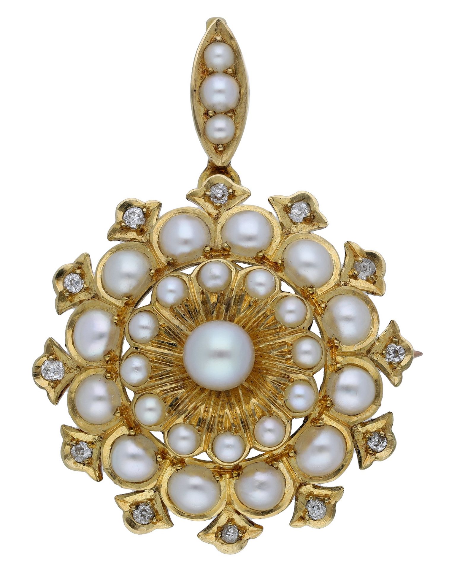 A pearl and diamond combination jewel, circa 1900, the tiered cluster set with a central pea...