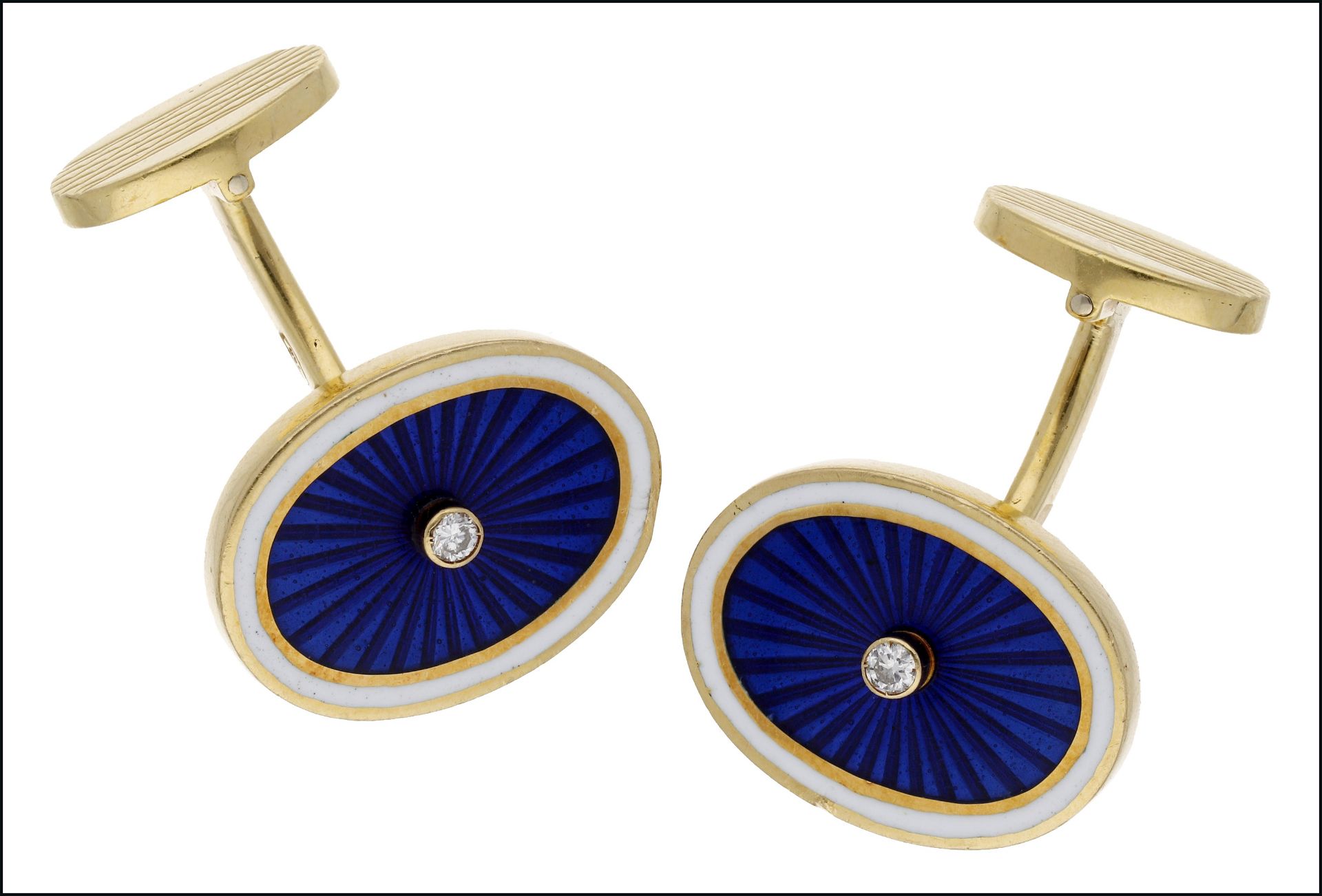 A pair of enamel and diamond cufflinks, the oval panels decorated with blue guillochÃ© enamel...