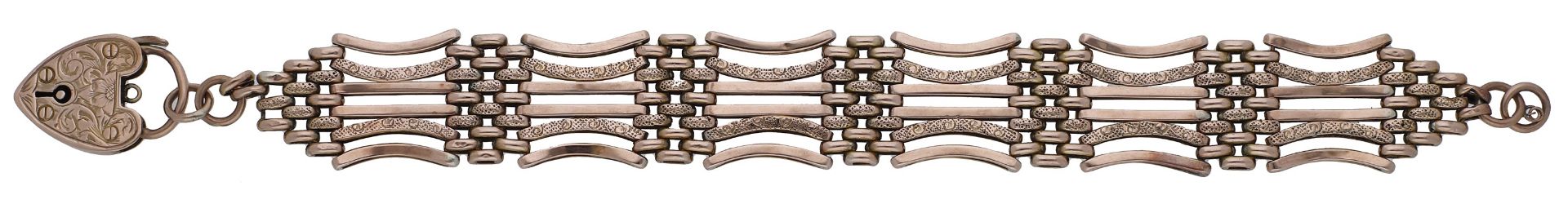 A gold gate-link bracelet, the fancy-link strap with textured decoration and heart-shaped pa...