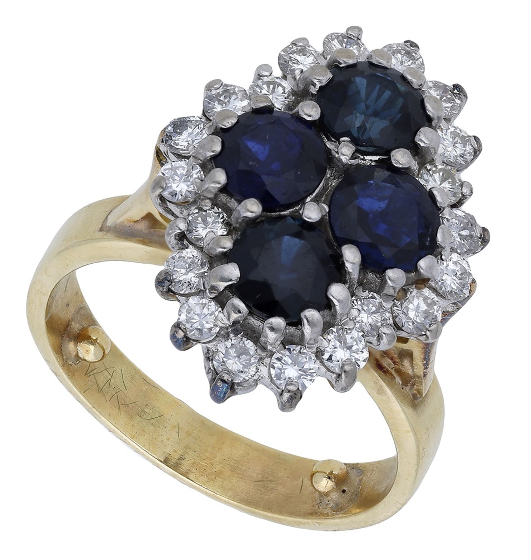 A sapphire and diamond cluster ring, the lozenge-shaped cluster comprising four circular-cut...