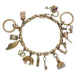 A charm bracelet, the faceted cable-link chain suspending various charms to include two 22ct...