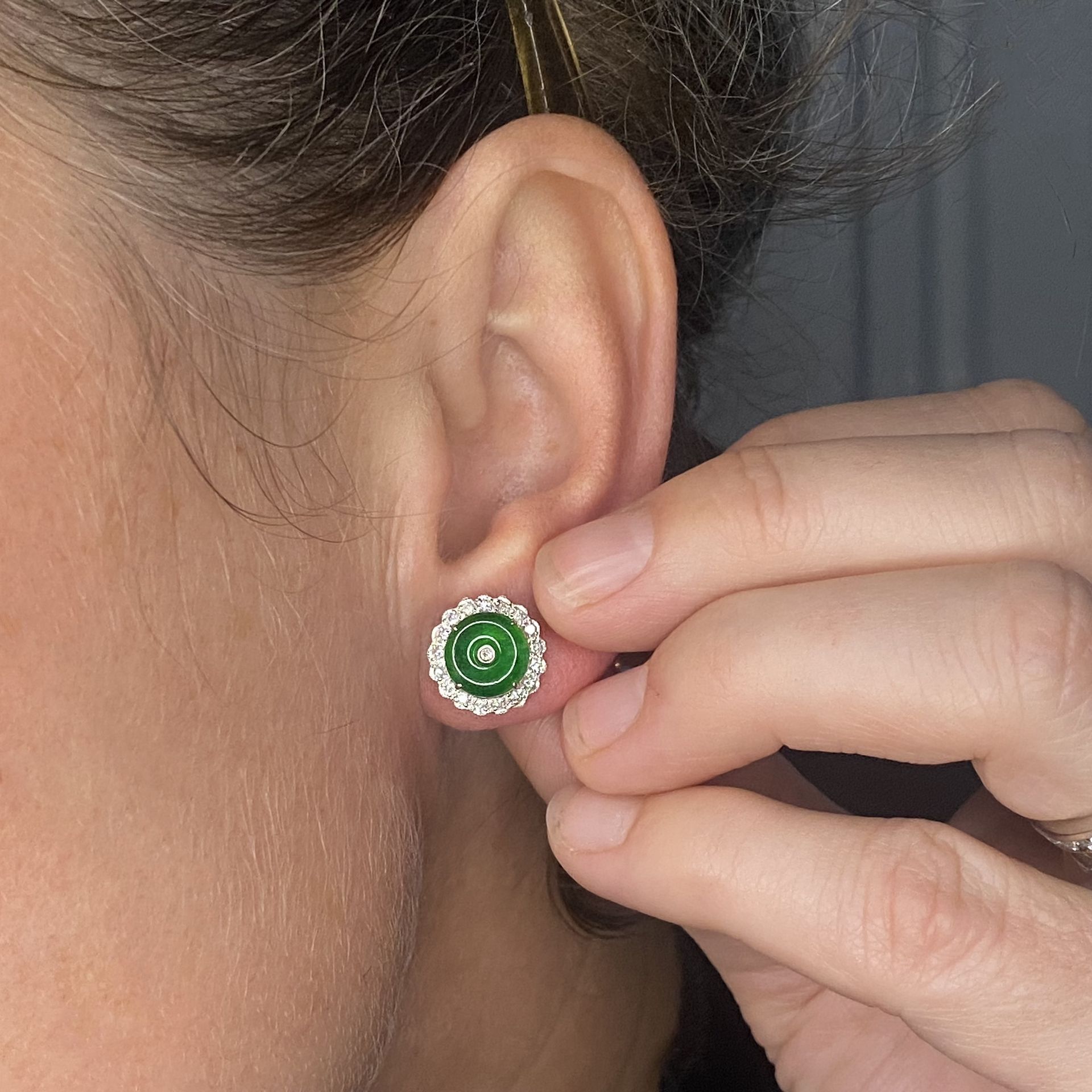 A pair of jade and diamond ear studs, the circular jade panels set to brilliant-cut diamond... - Image 3 of 3