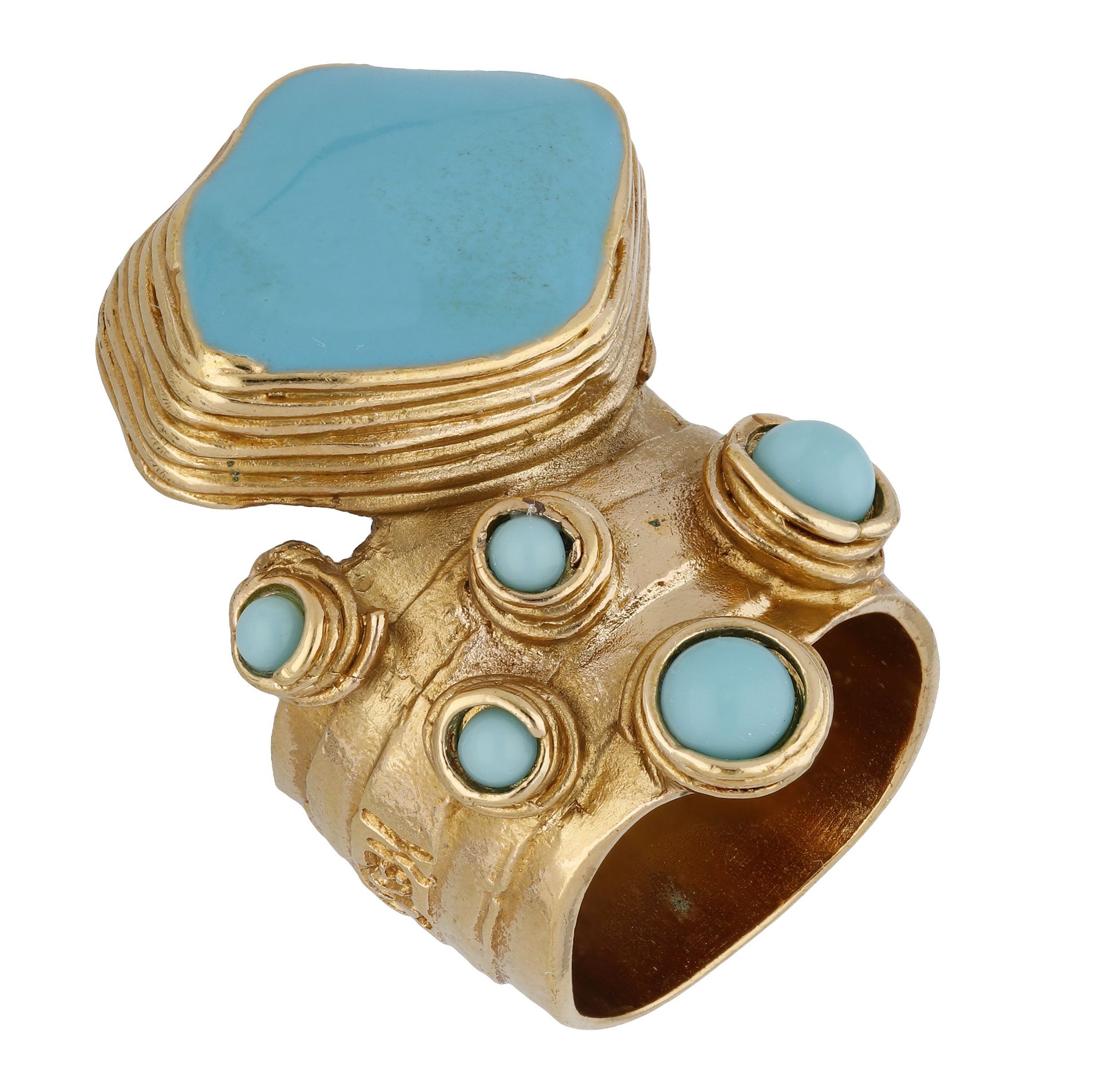 A turquoise and enamel 'Arty' ring by Yves Saint Laurent, the broad band abstractly set with...