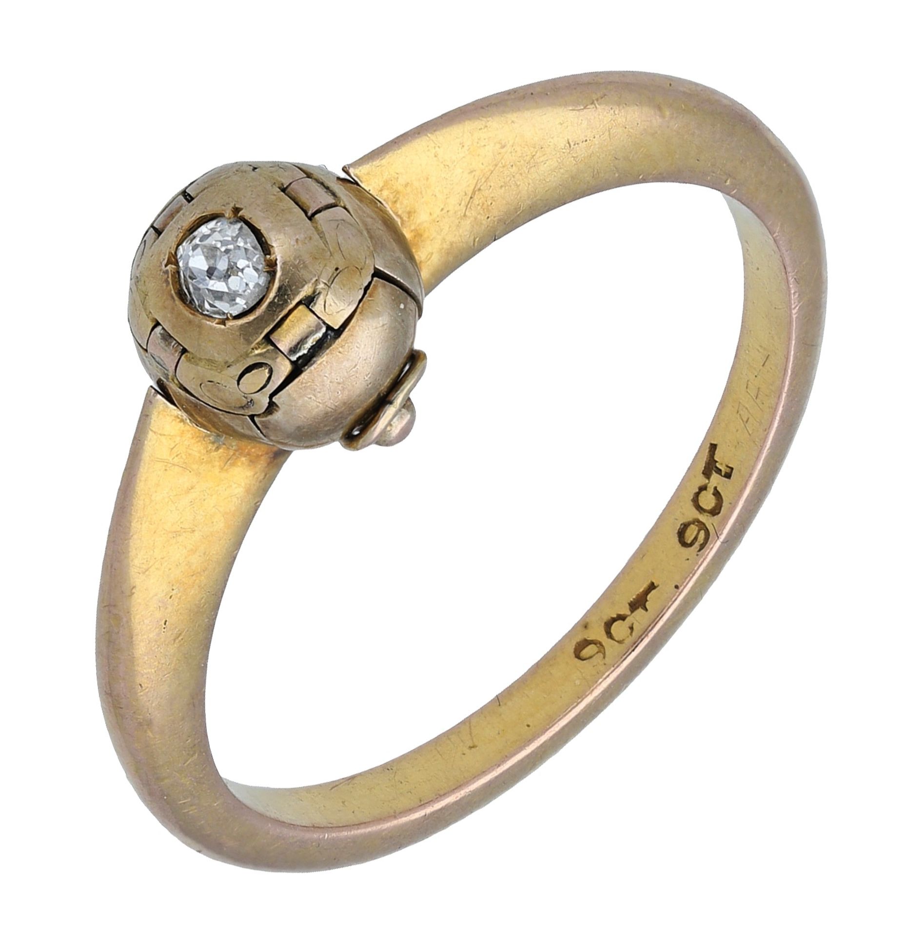 A Masonic ring, the rub-over mount with an old-cut diamond, the hinged setting opening to fo...