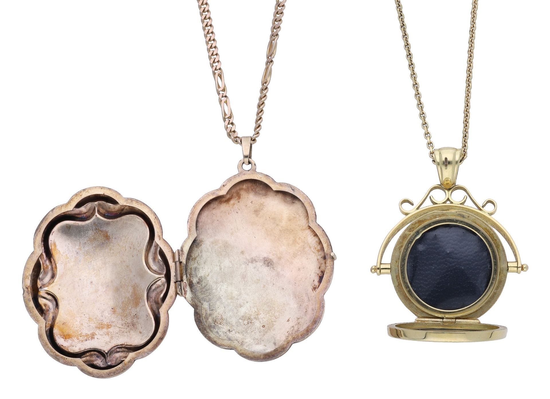 Two gold lockets and a gem-set pendant, comprising a 9ct gold locket with scroll outline and... - Image 3 of 4