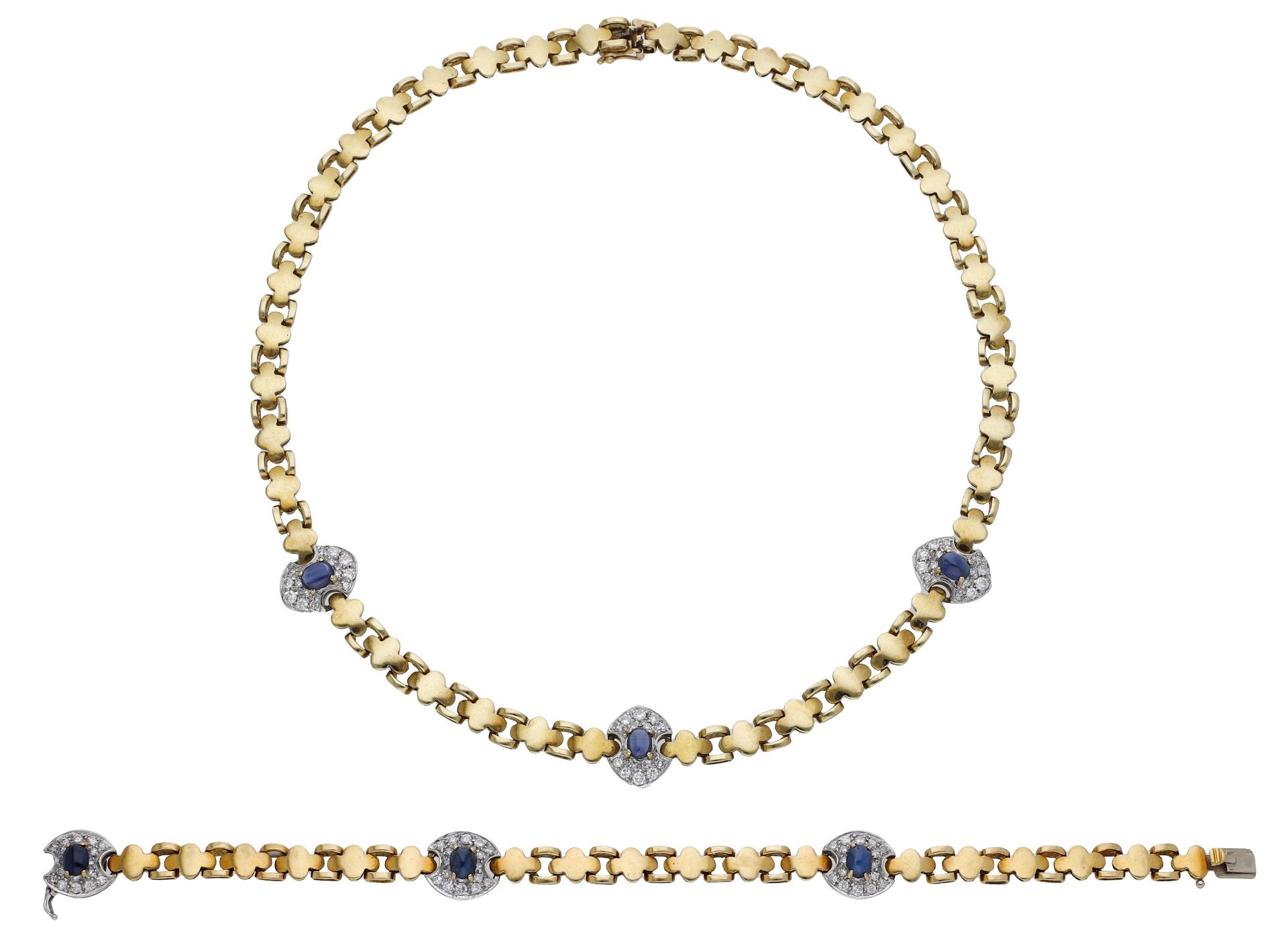 A sapphire and diamond necklace and bracelet suite, designed as a series of quatrefoil-shape...