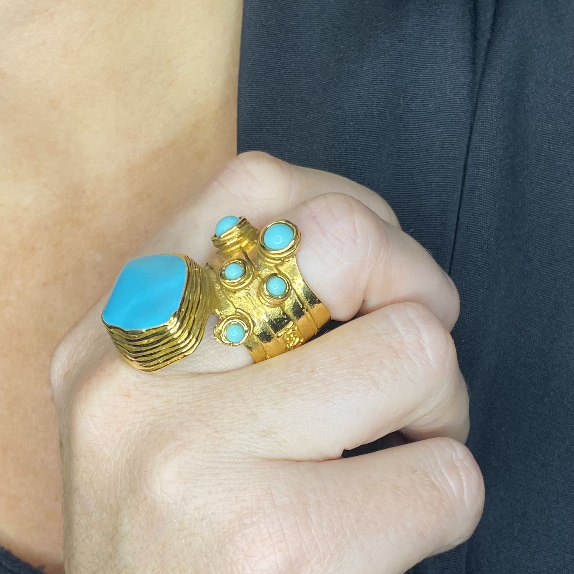 A turquoise and enamel 'Arty' ring by Yves Saint Laurent, the broad band abstractly set with... - Image 3 of 3