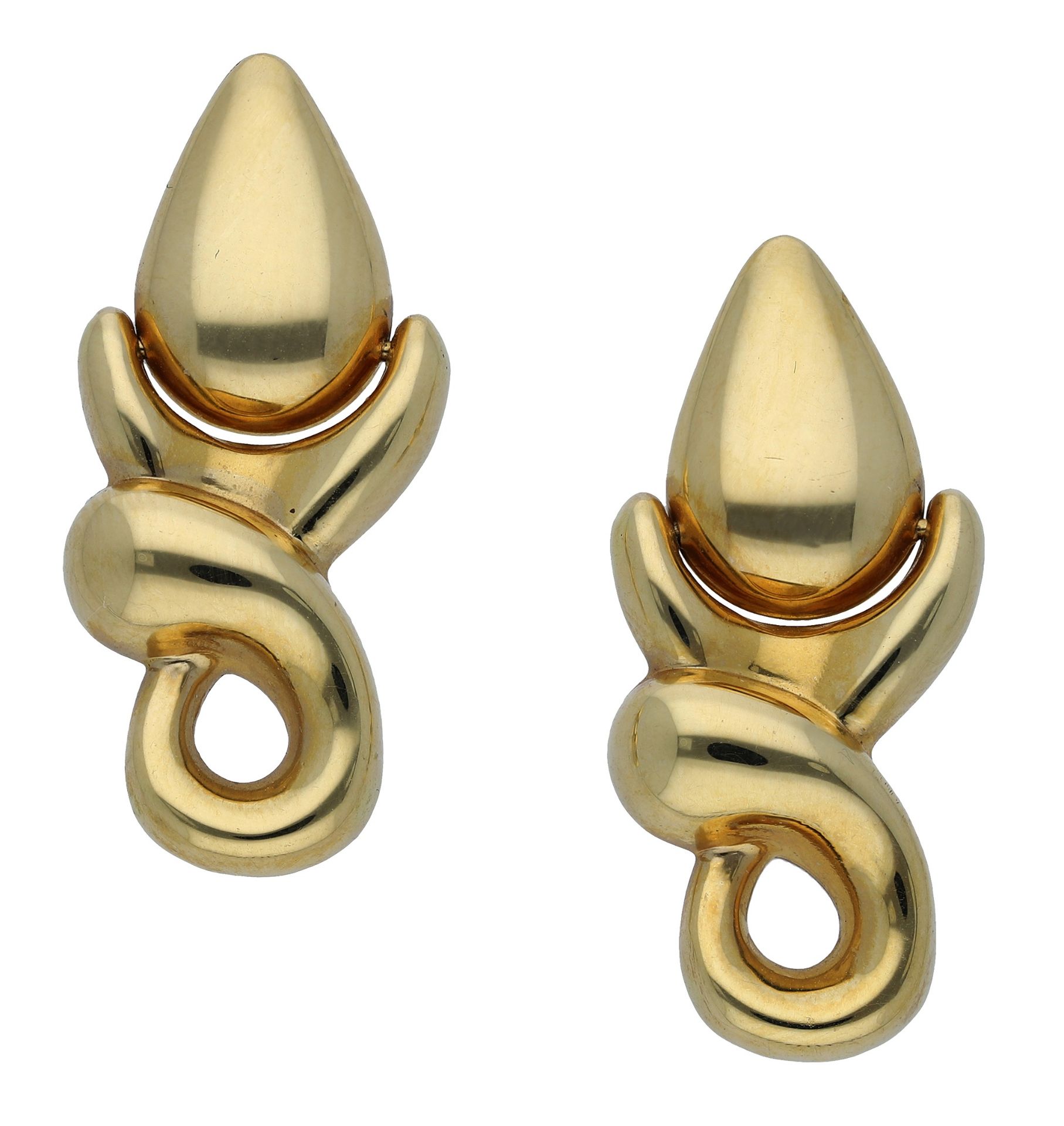 A pair of Italian 18ct gold earrings, the pear-shaped surmounts to articulated interlocking...