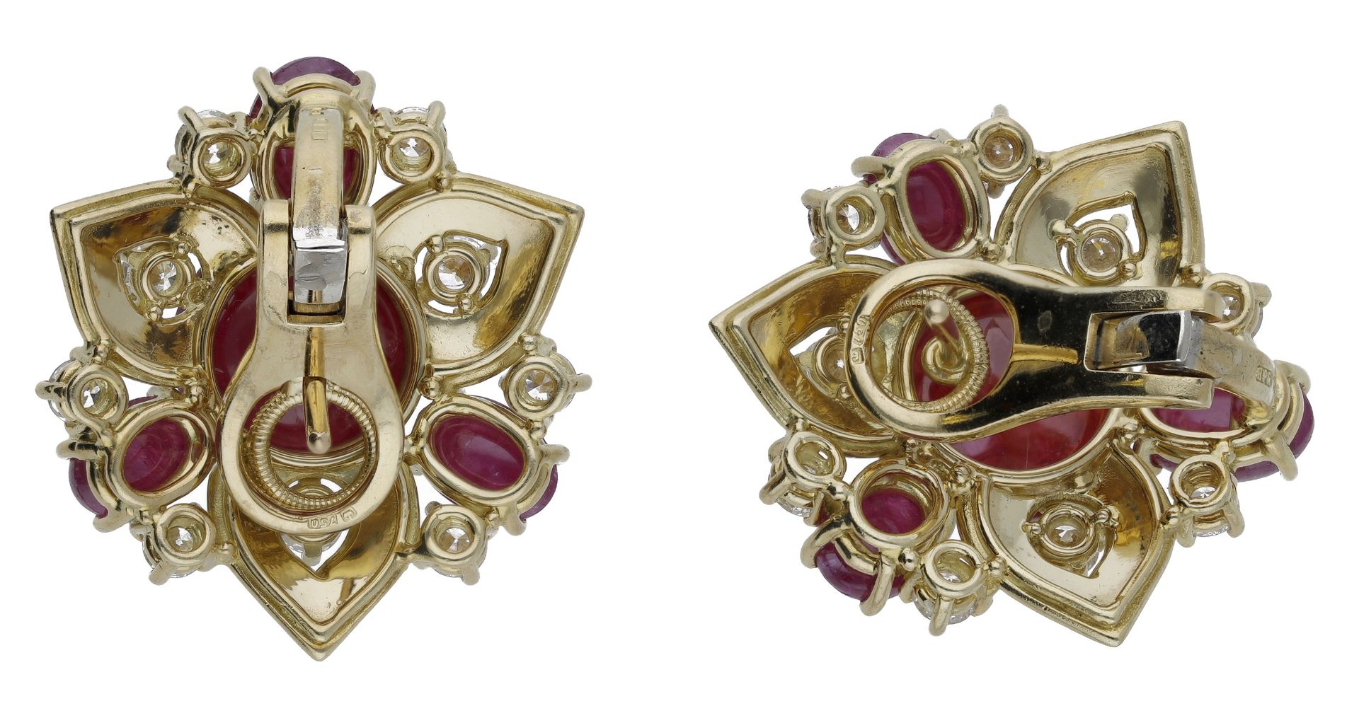 A pair of 18ct gold ruby and diamond earrings, the stylised flowerheads set with circular ru... - Image 2 of 3