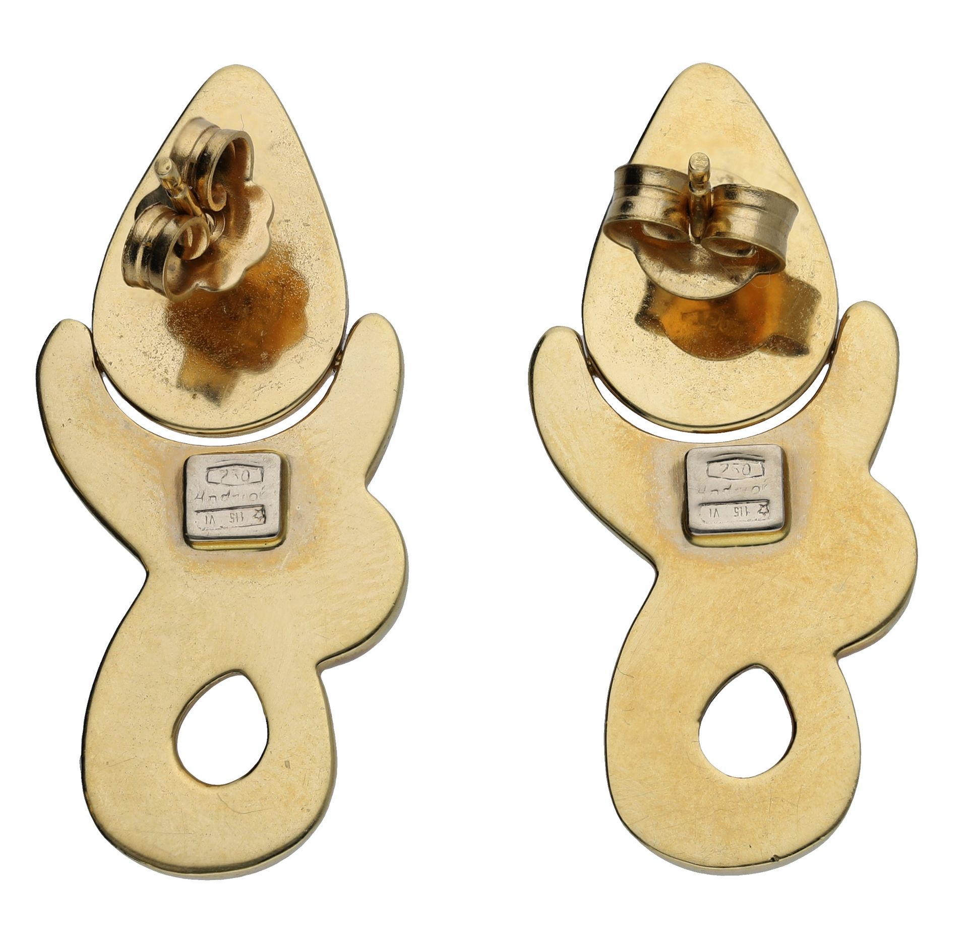 A pair of Italian 18ct gold earrings, the pear-shaped surmounts to articulated interlocking... - Image 2 of 3