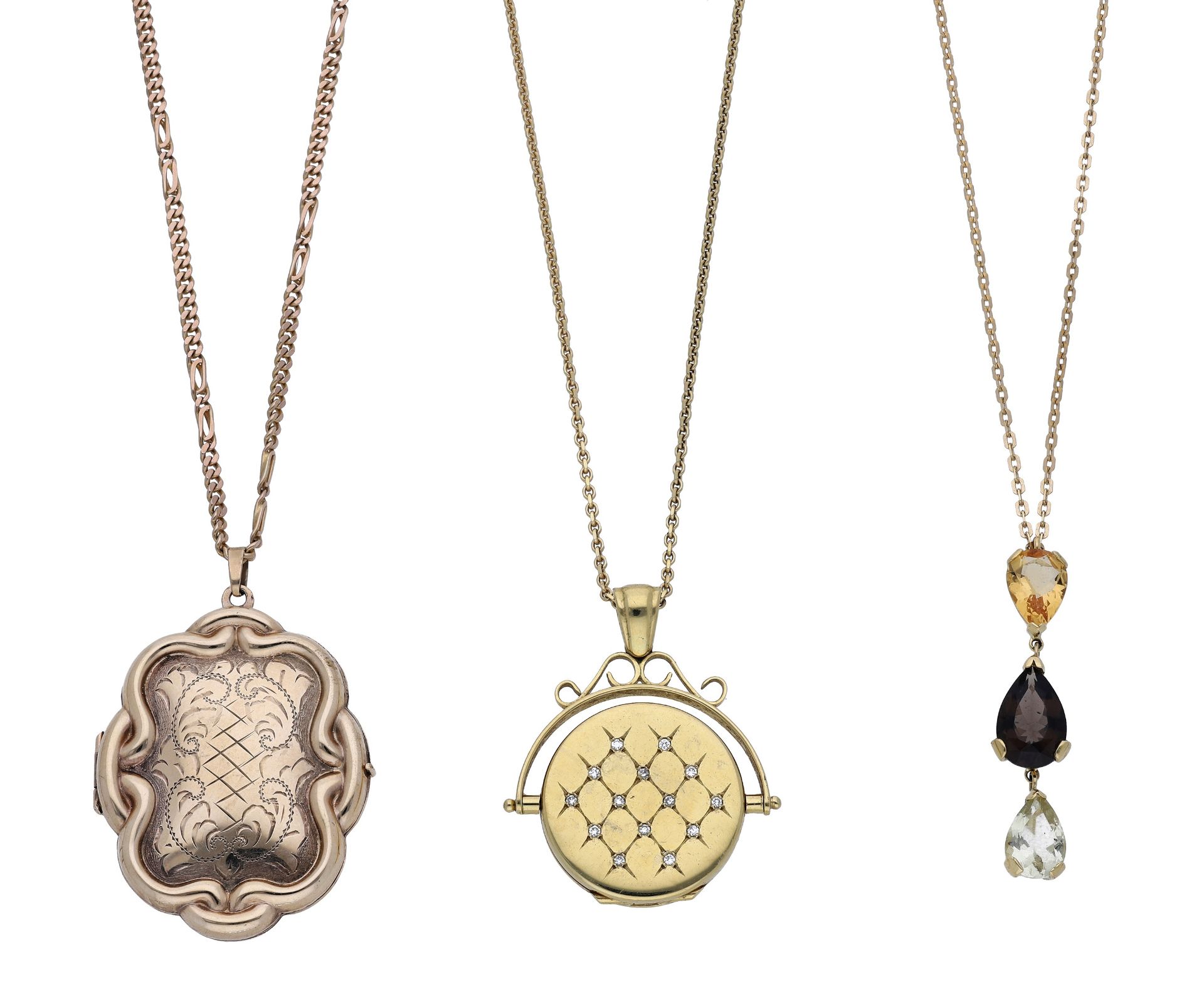 Two gold lockets and a gem-set pendant, comprising a 9ct gold locket with scroll outline and...