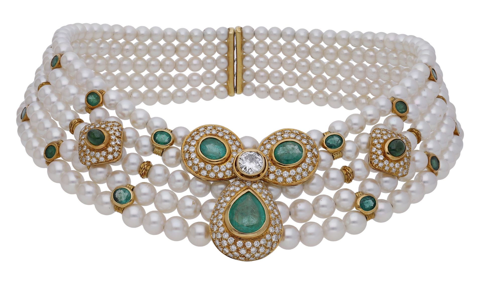 An emerald, diamond and cultured pearl collar, the five rows of graduated cultured pearls in...