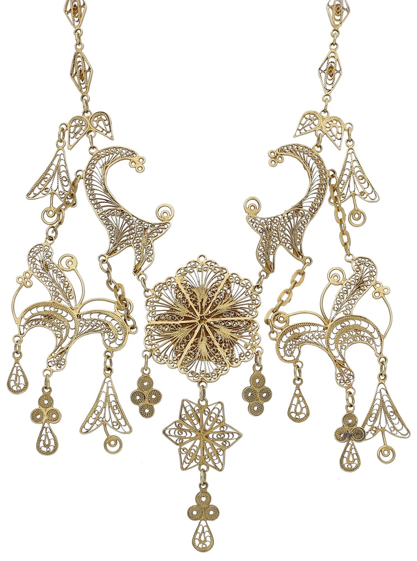 A Middle Eastern gold filigree necklace, with crescent, star and fringe decoration, to a hoo... - Image 2 of 3