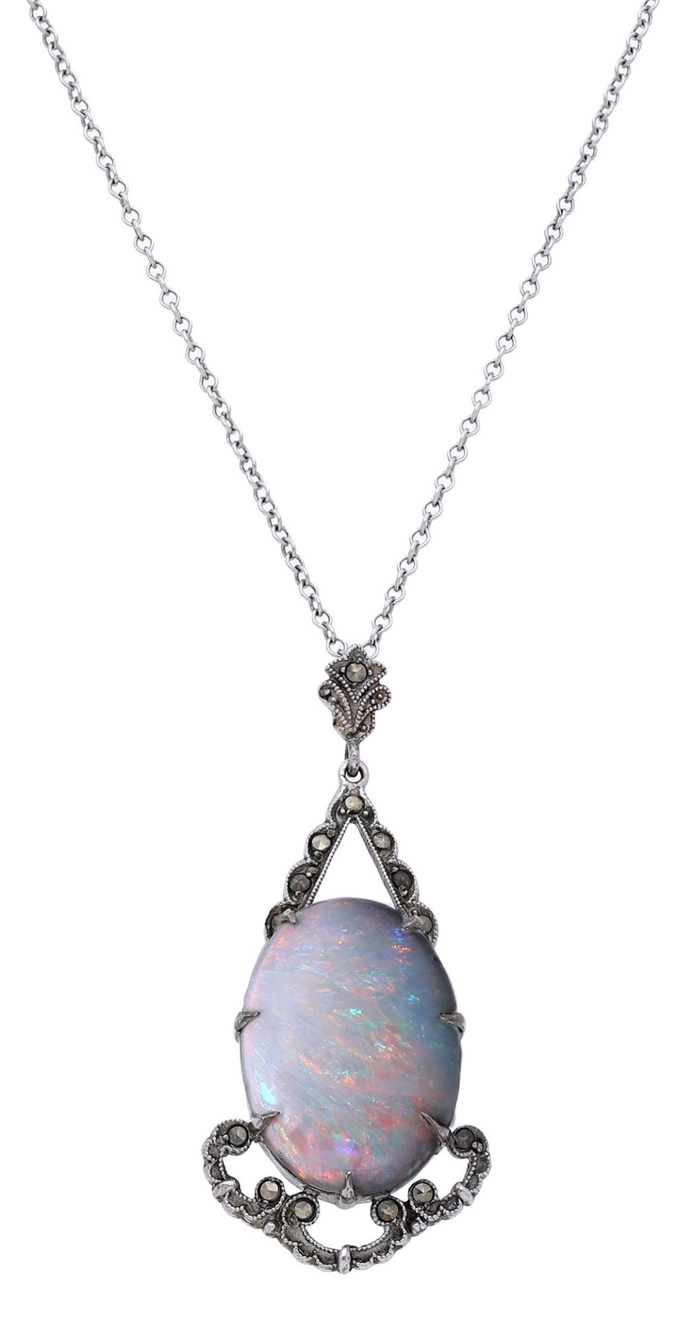 An opal pendant, the oval opal cabochon in a geometric surround set with faceted marcasite,...