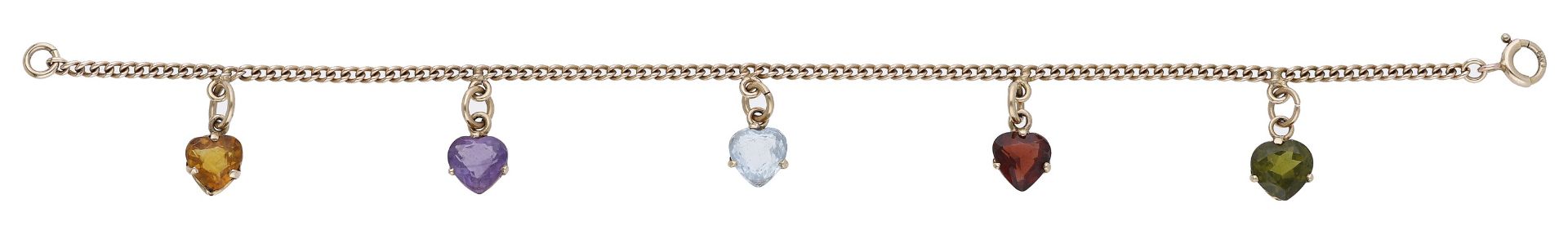 A gem-set bracelet by Deakin & Francis, the 9ct gold curb-link chain suspending various hear...