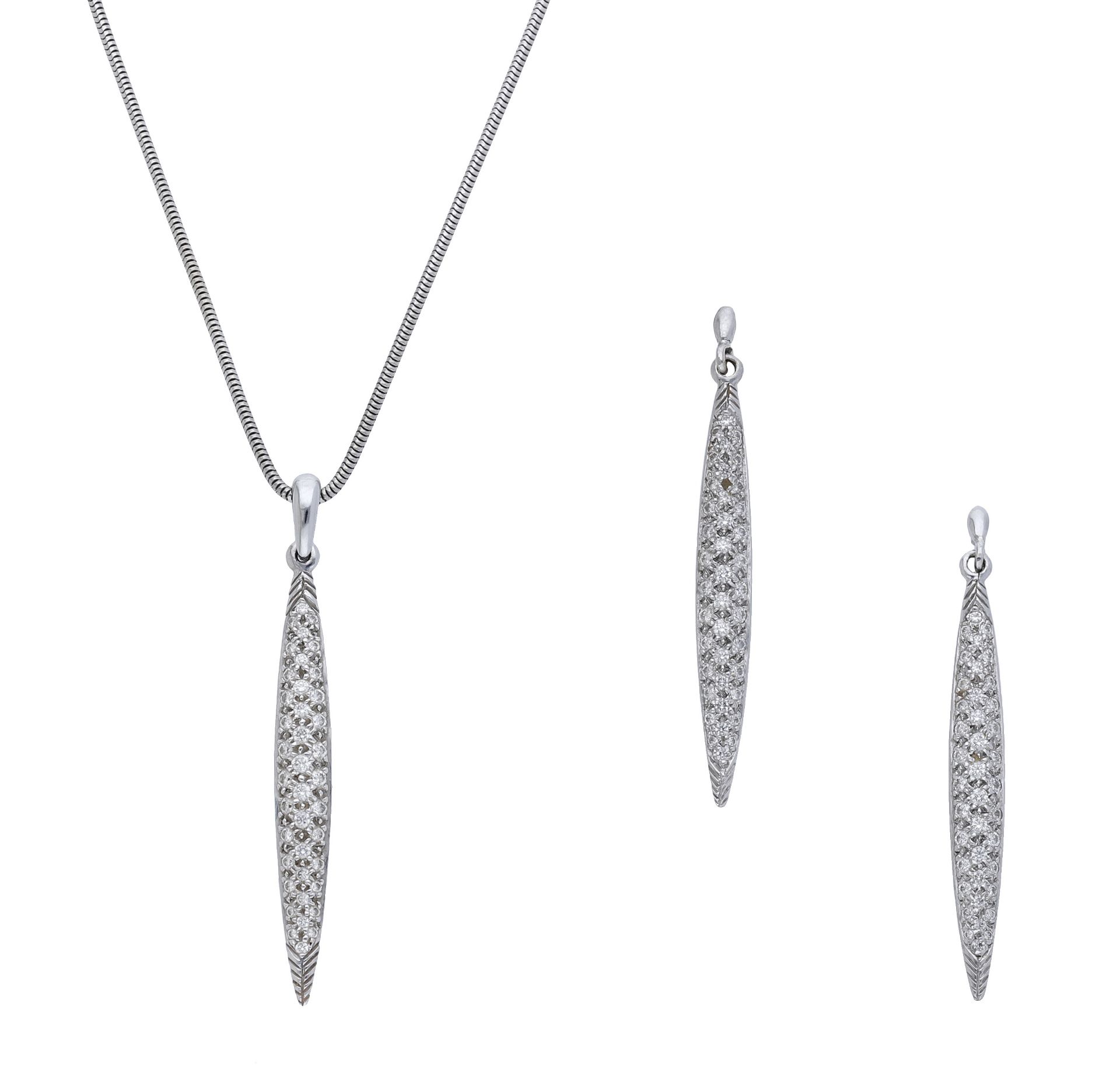 A diamond 'Feather' pendant and earring suite by Tiffany & Co., the navette-shaped pendant d...