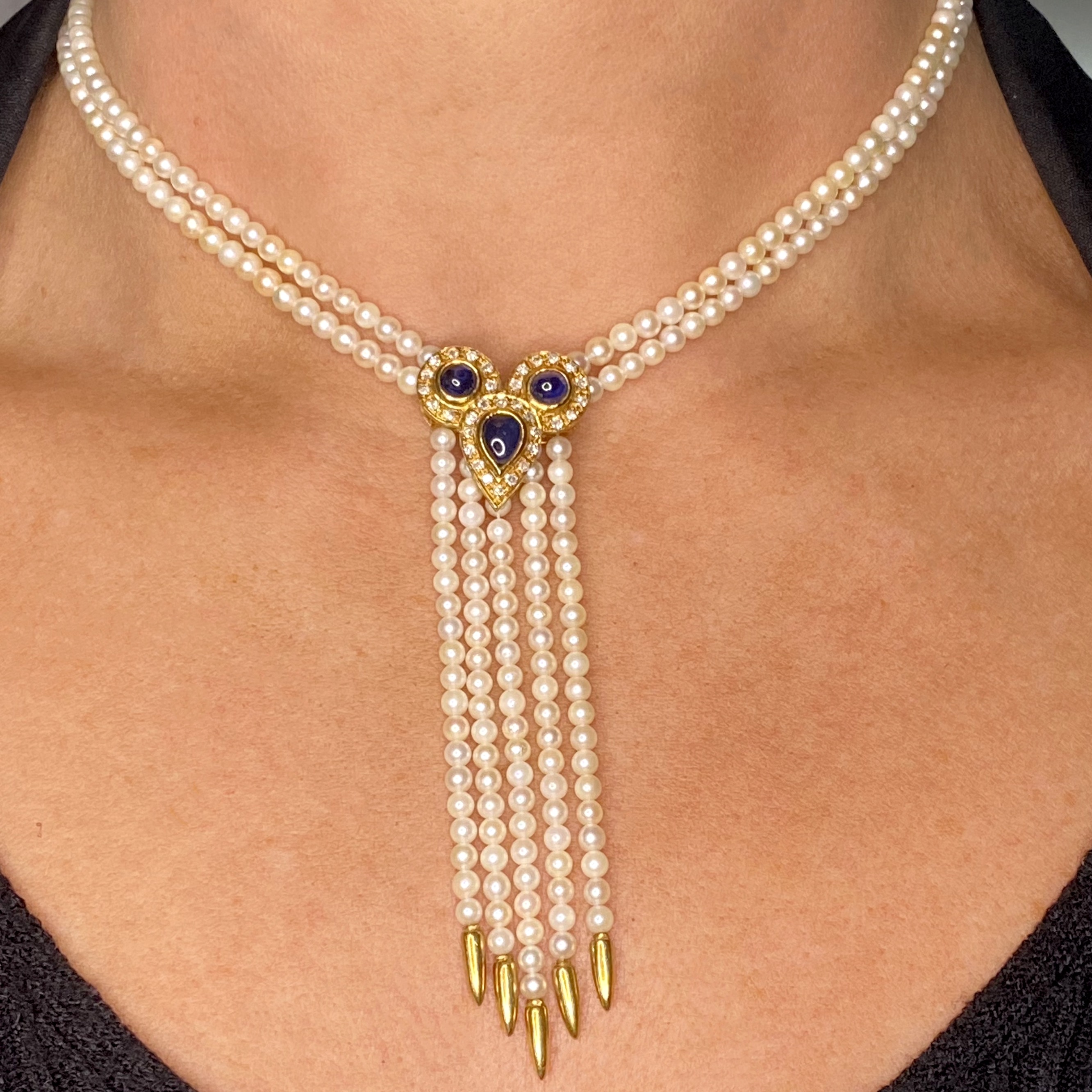 A sapphire, diamond and cultured pearl tassel necklace, the two rows of cultured pearls lead... - Image 3 of 3