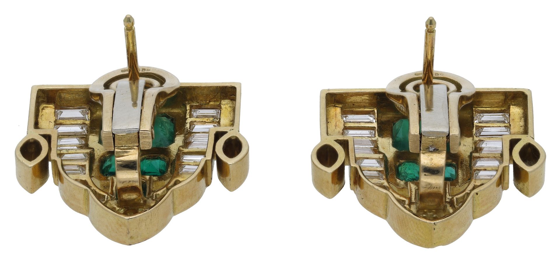 A pair of emerald and diamond earrings, of Art deco style, the central panels composed of gr... - Image 2 of 4