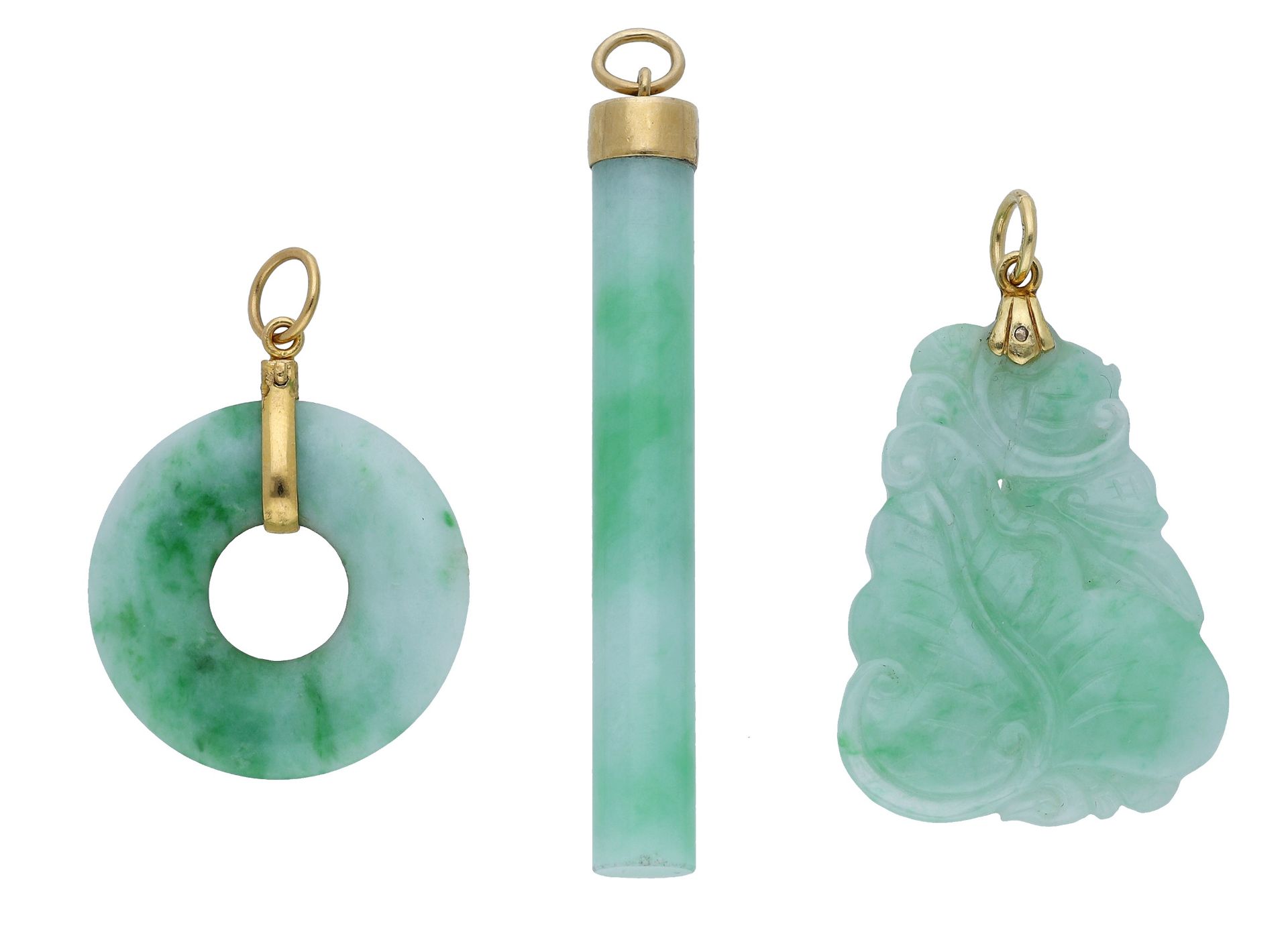 Three jade pendants, comprising a Bi, cylindrical and carved jade pendant respectively, each...