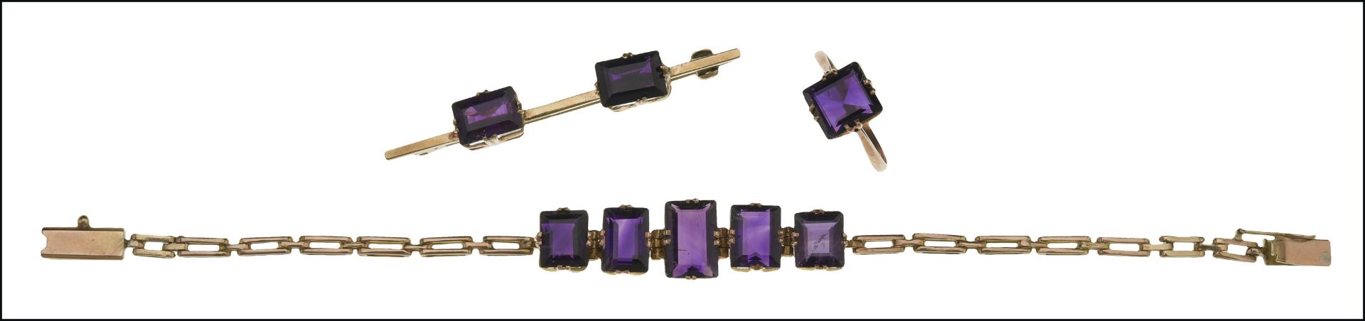 An amethyst bracelet, ring and brooch, the articulated bracelet set with a graduated row of...