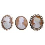 Three late 19th/early 20th century shell cameo brooches, the first carved to depict Diana th...