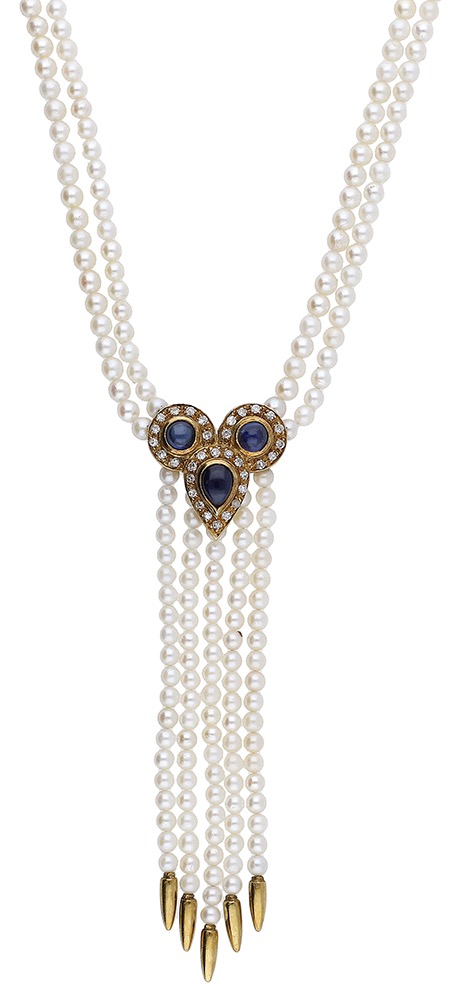 A sapphire, diamond and cultured pearl tassel necklace, the two rows of cultured pearls lead...