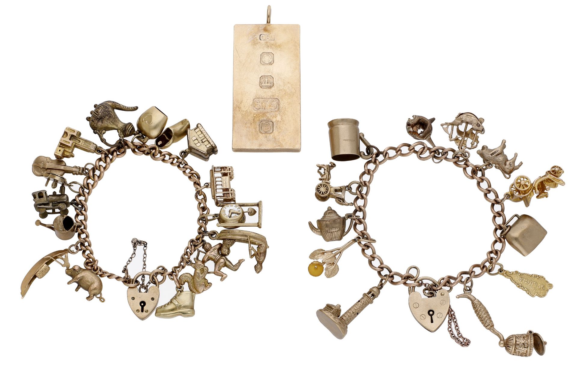 Two charm bracelets and a 9ct gold ingot pendant, the two 9ct gold charm bracelets suspendin...