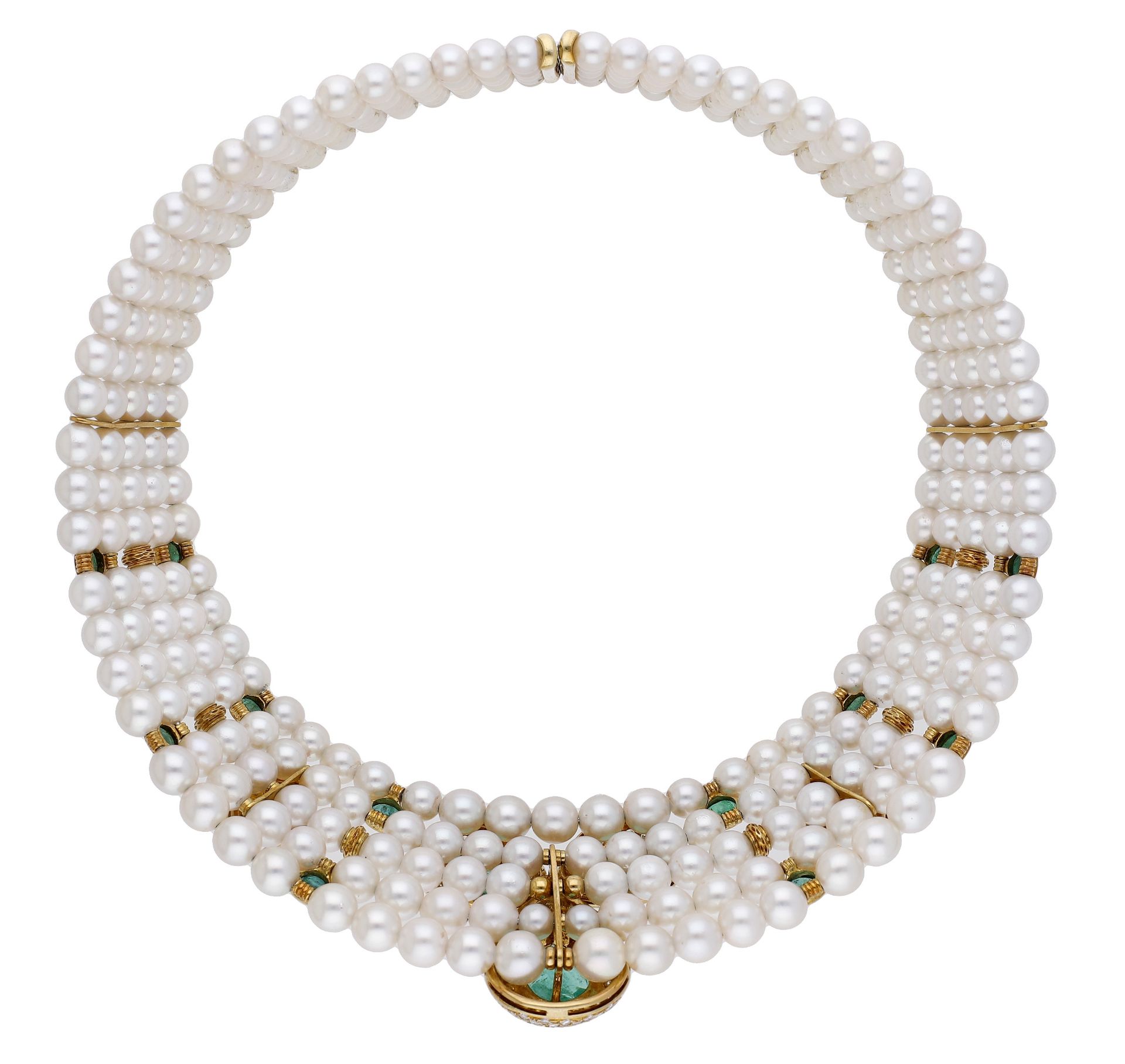 An emerald, diamond and cultured pearl collar, the five rows of graduated cultured pearls in... - Image 3 of 4
