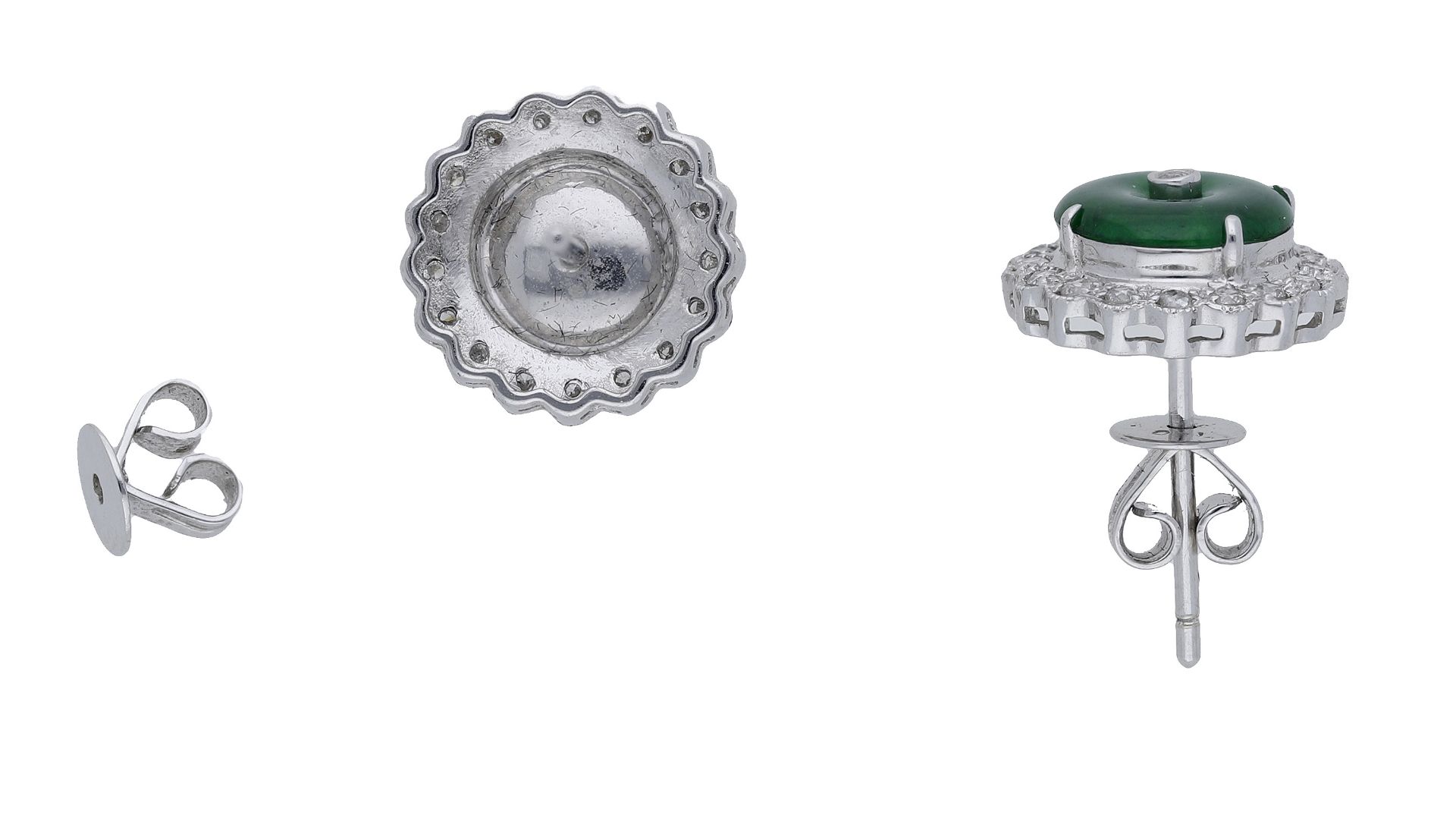 A pair of jade and diamond ear studs, the circular jade panels set to brilliant-cut diamond... - Image 2 of 3