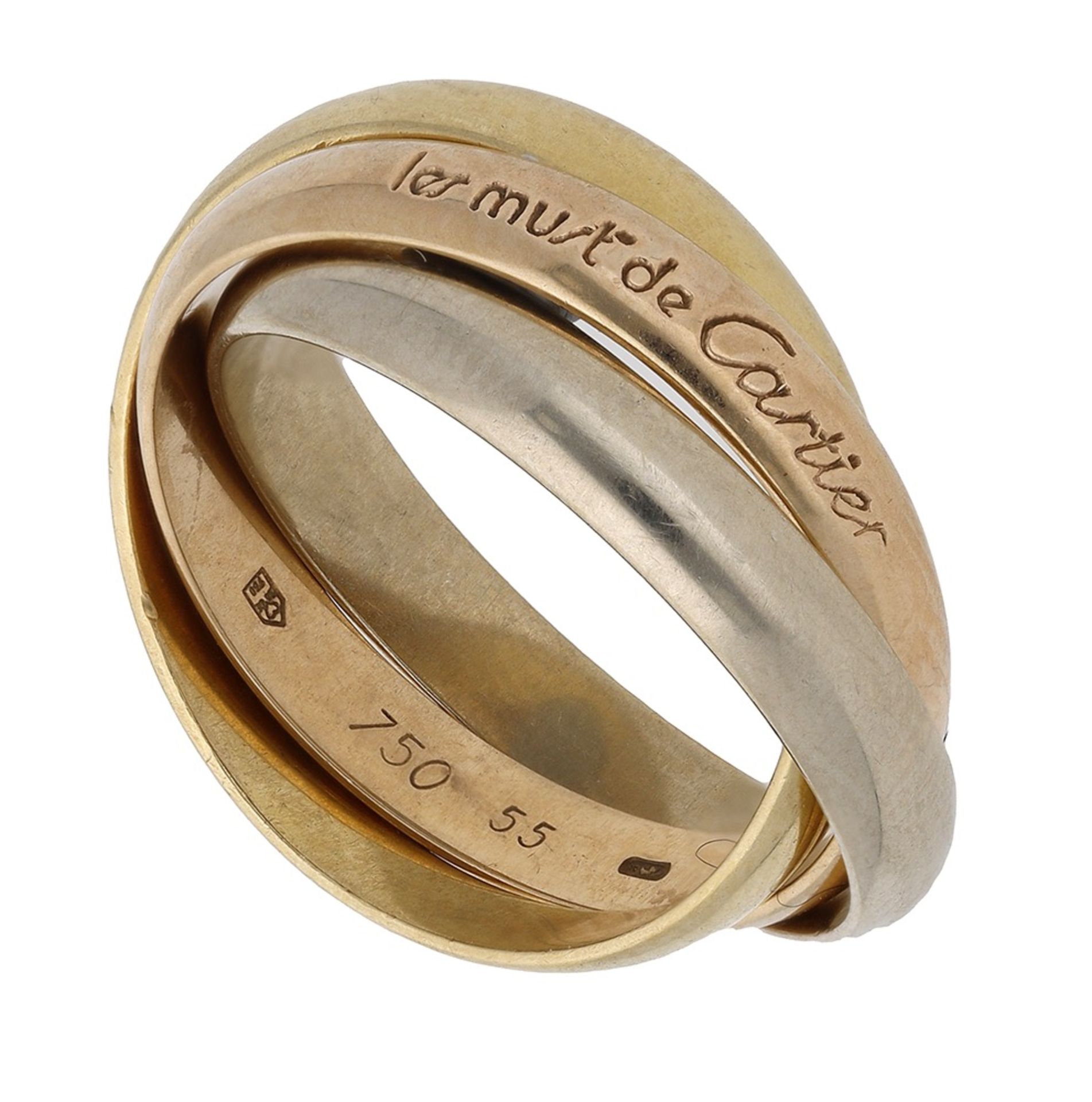 A 'Les Must de Cartier' ring by Cartier, the 18ct gold of tricolour trinity design, signed t...