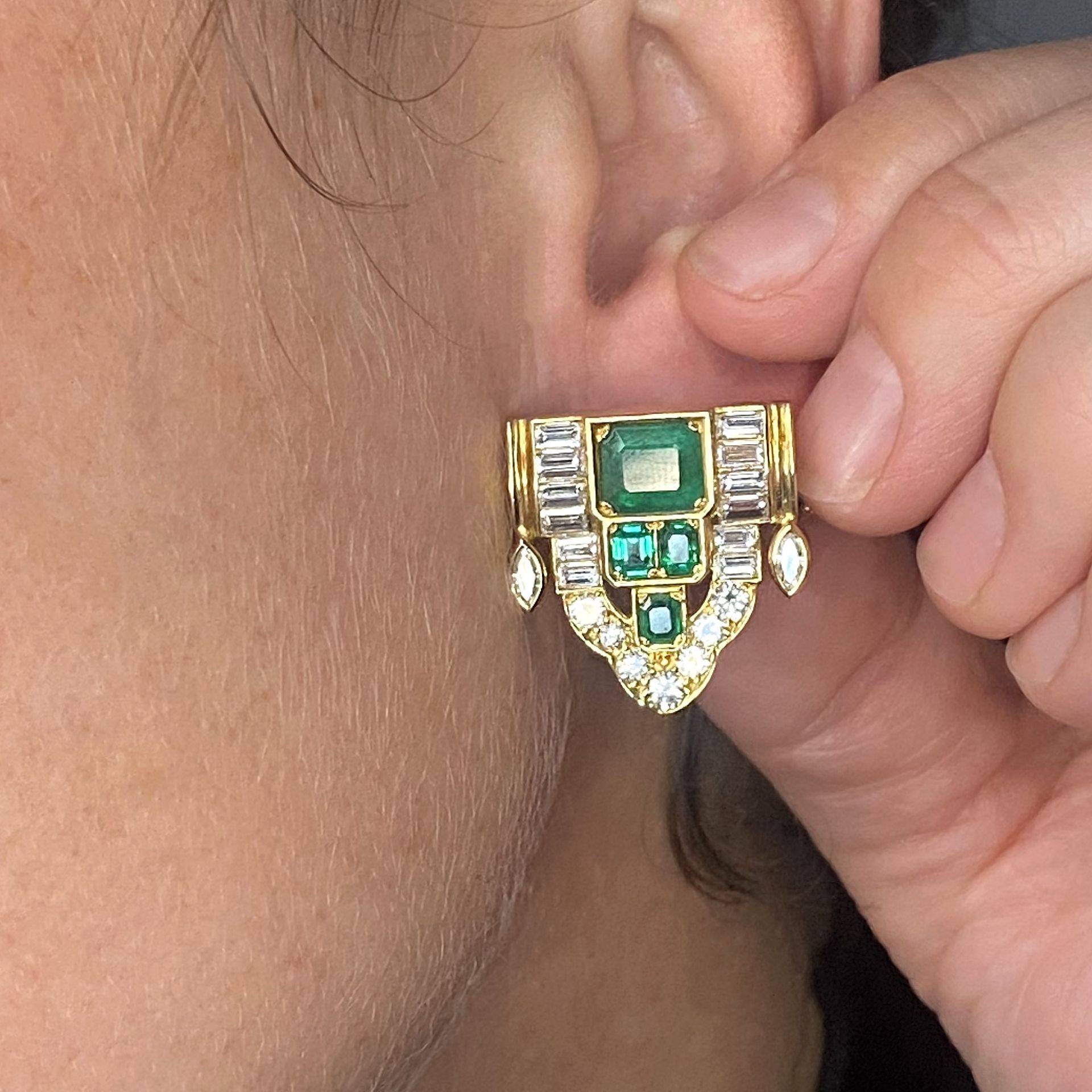 A pair of emerald and diamond earrings, of Art deco style, the central panels composed of gr... - Image 4 of 4