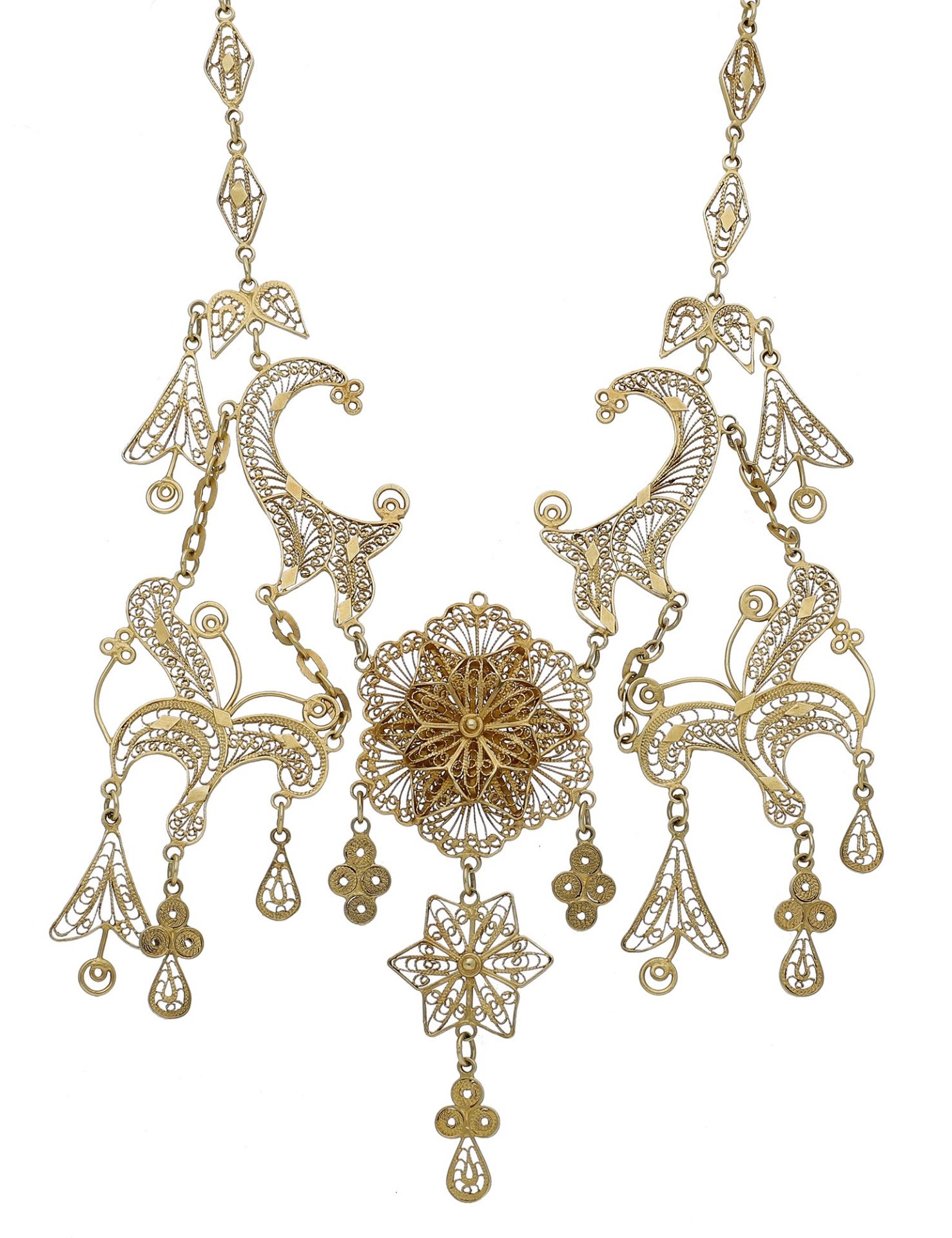 A Middle Eastern gold filigree necklace, with crescent, star and fringe decoration, to a hoo...