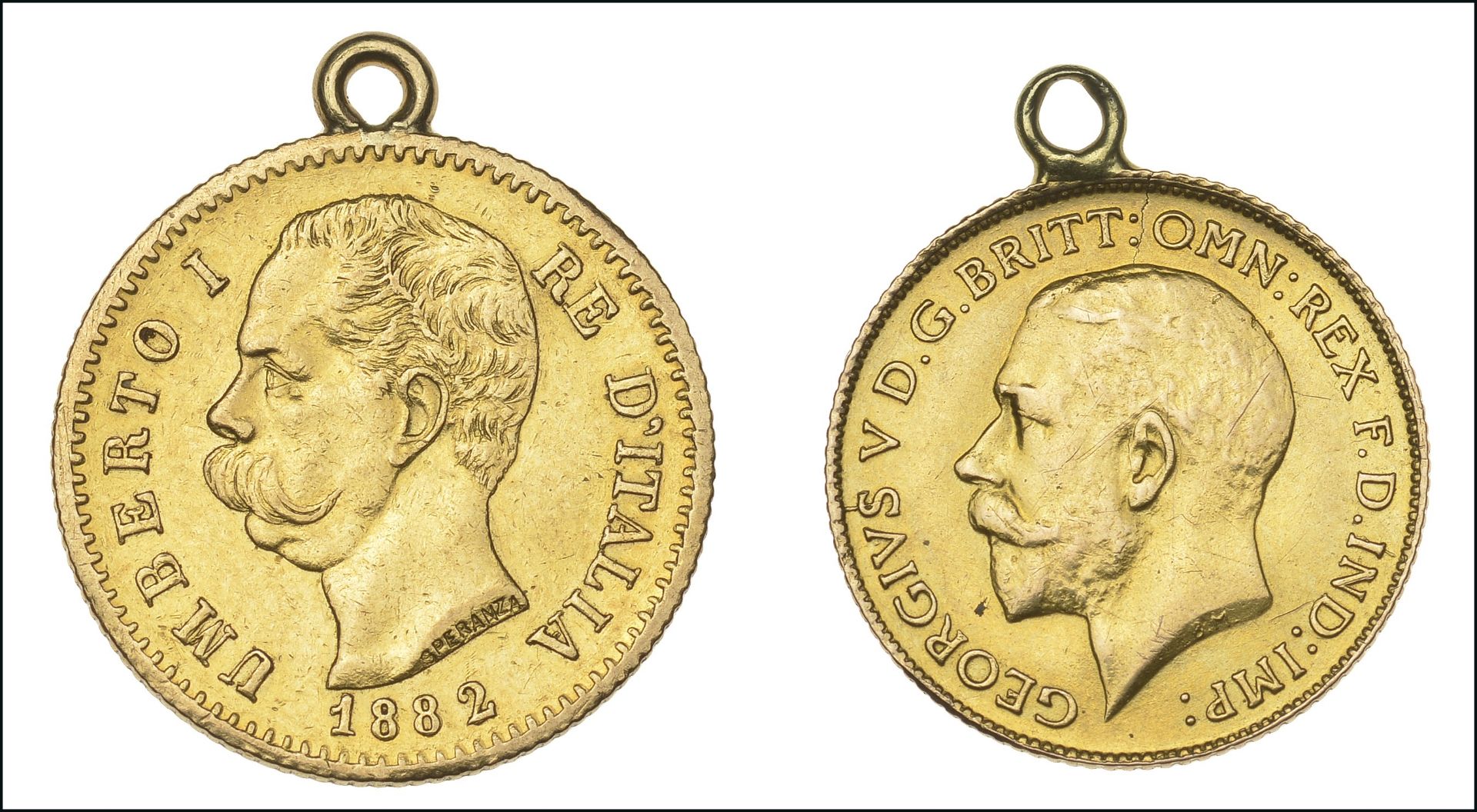 Two gold coin pendants, comprising an Italian Umberto I 20 lire, 1882, and a George V half s...