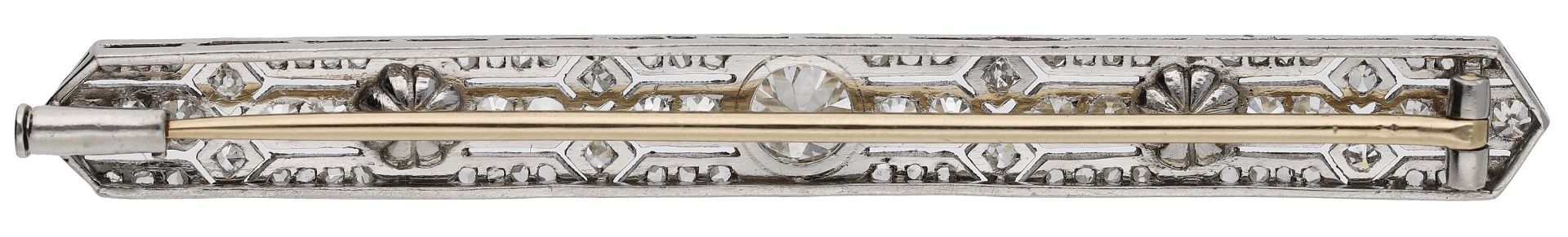 A pearl and diamond bar brooch, circa 1915, set with an old brilliant-cut diamond within a p... - Image 2 of 4