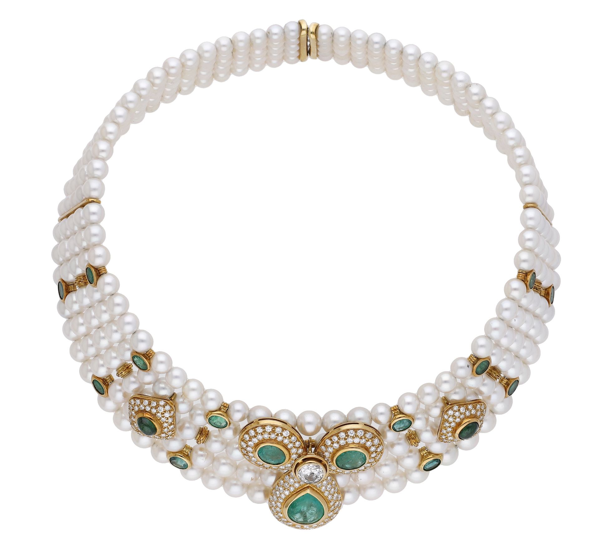 An emerald, diamond and cultured pearl collar, the five rows of graduated cultured pearls in... - Image 2 of 4