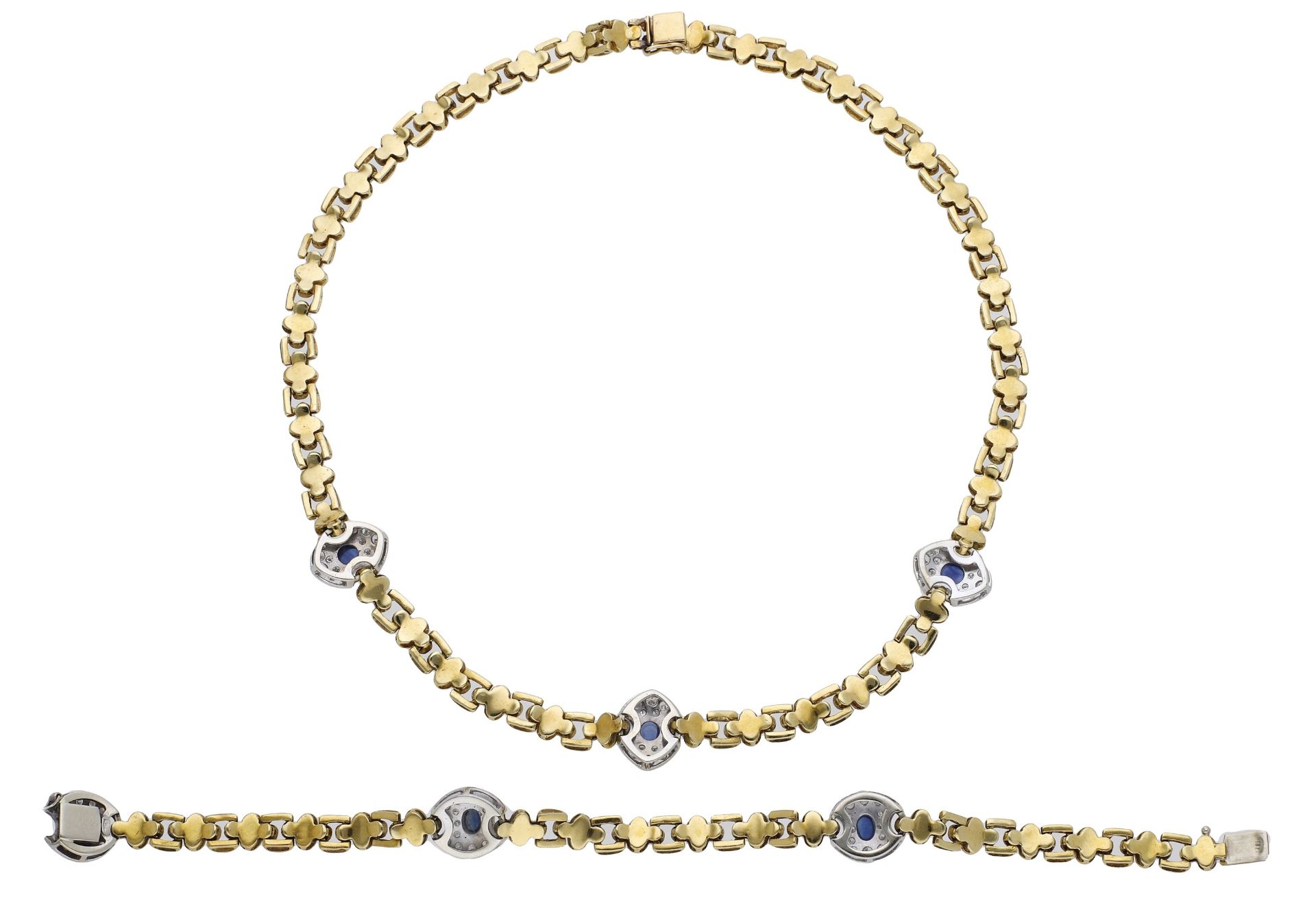 A sapphire and diamond necklace and bracelet suite, designed as a series of quatrefoil-shape... - Image 2 of 3